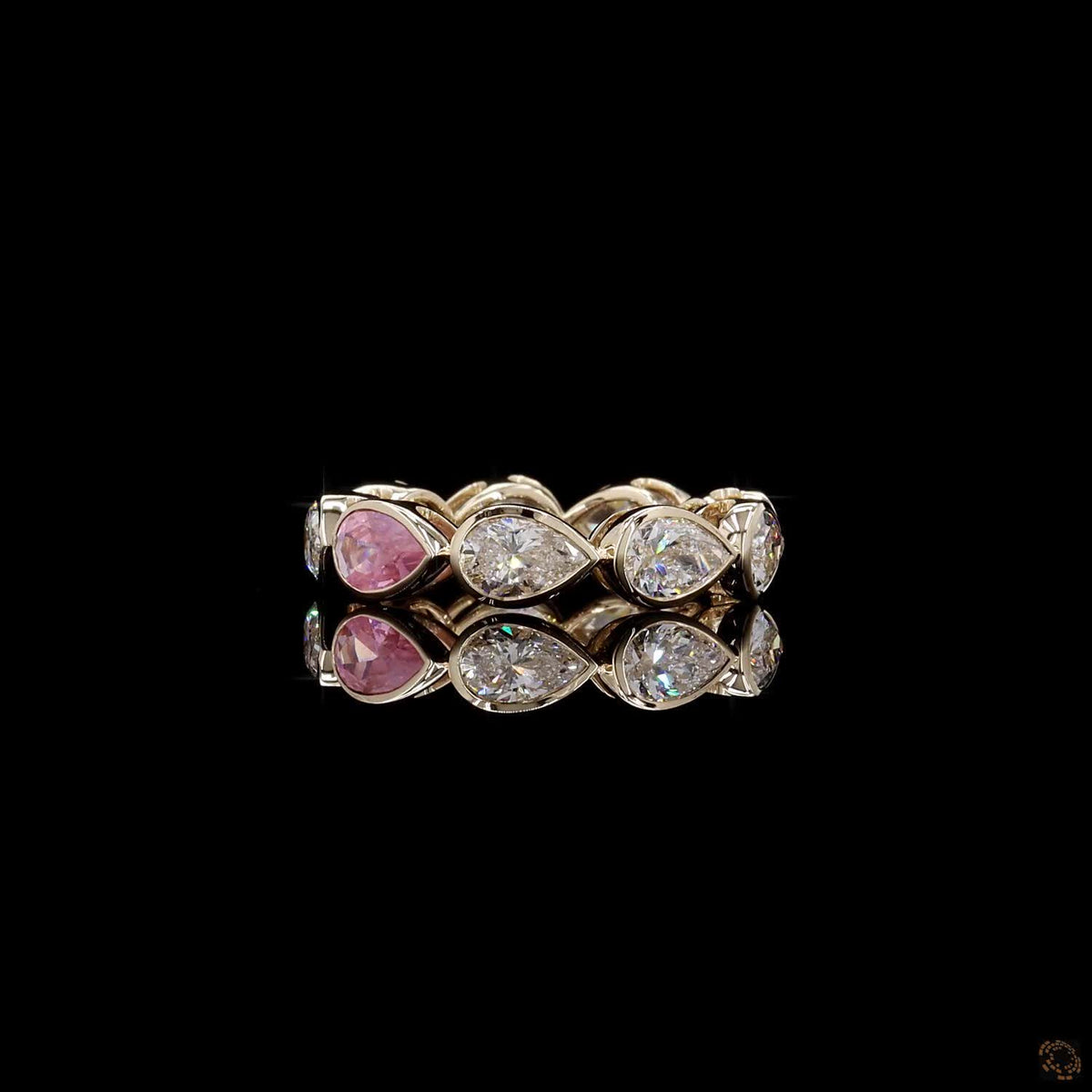 2.47 Ct East-West Bezel-Set Pear Diamond Eternity Band with Pink Sapphire Accent in Yellow Gold