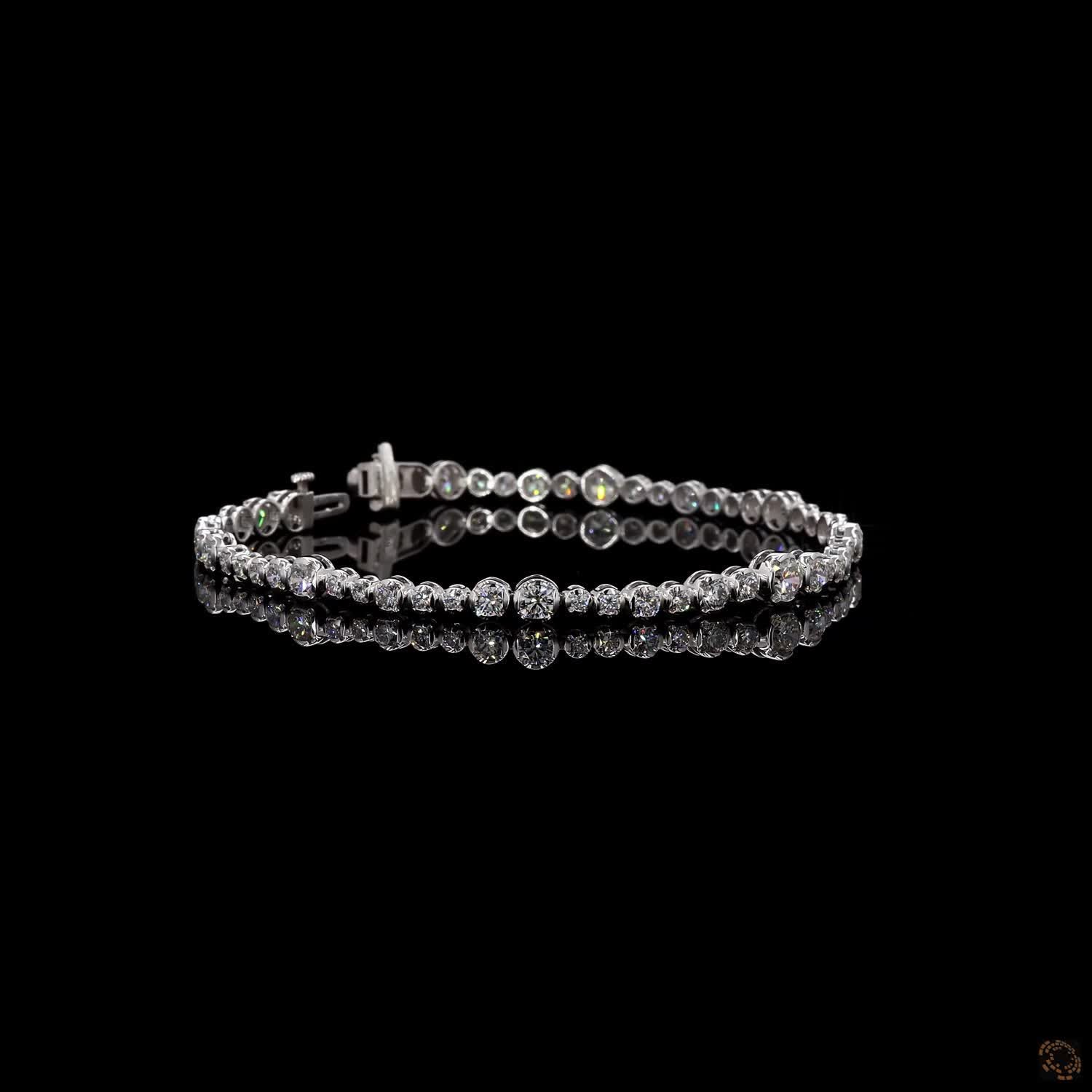 6.33 Ct 4K White Gold Graduated Round Cut Moissanite Bezel Fancy Bracelet with Double Latch Box Clasp