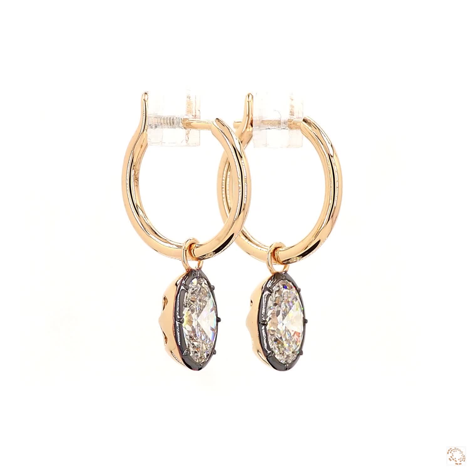 3.06 Ct 14K Gold Oval Solitaire Diamond Dangle Hoop Earrings – Black Rhodium Framed Drop Earrings