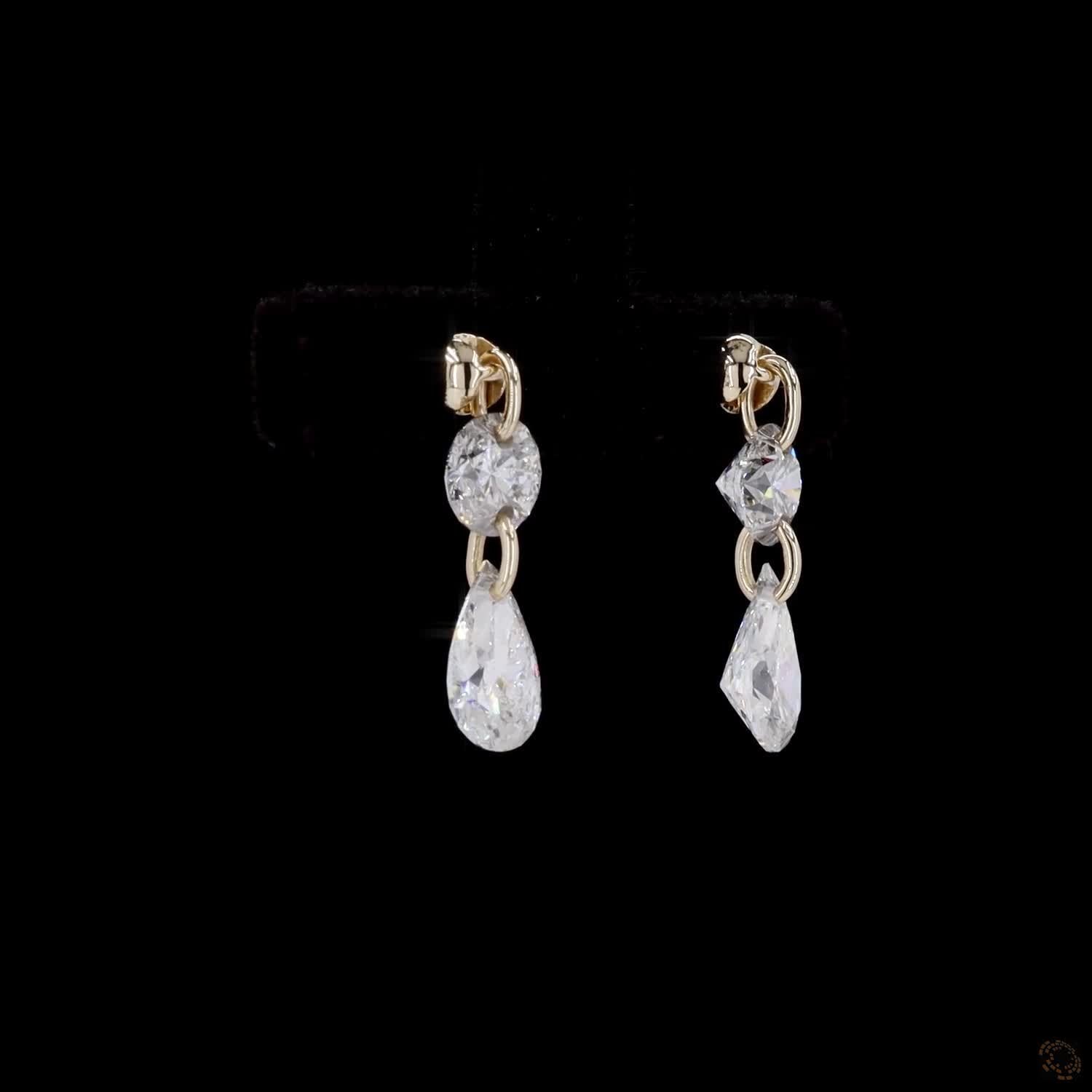 1.89 Ct 14K Yellow Gold Round & Pear Cut Two-Stone Drop Earrings