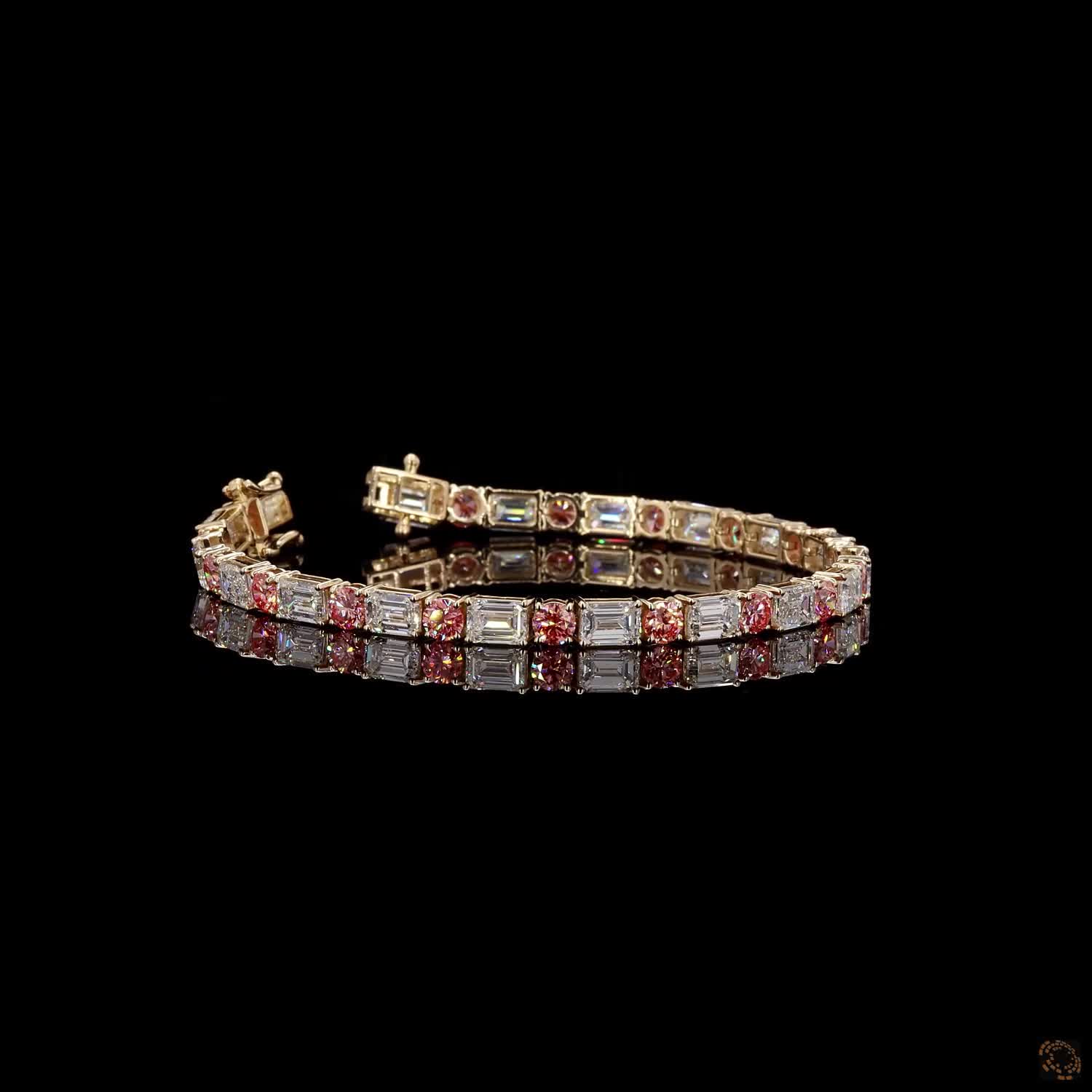 12.66 Ct Yellow Gold Pink Gemstone and Emerald Cut Diamond Alternating Tennis Bracelet Alternative High-Volume Title: Two-Tone Pink Sapphire and Emerald Cut Diamond Line