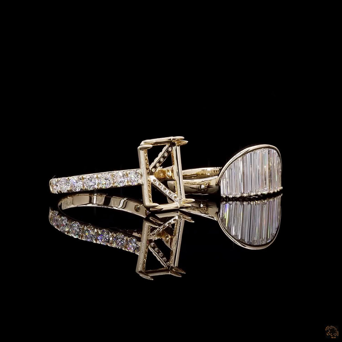 2.24 Ct Avant-garde two-ring bridal set comprising a half-moon shaped vertical baguette cut engagement ring