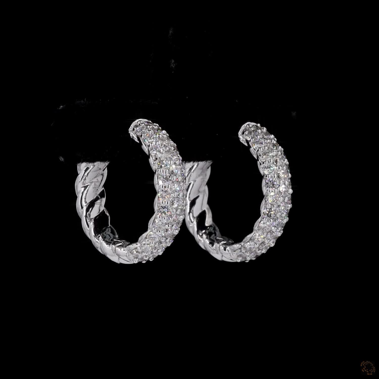 0.87 Ct Diamond Pavé Cable Twist Hoop Earrings in 14K White Gold | 3-Row Pavé Front & Twisted Back Huggie Hoops