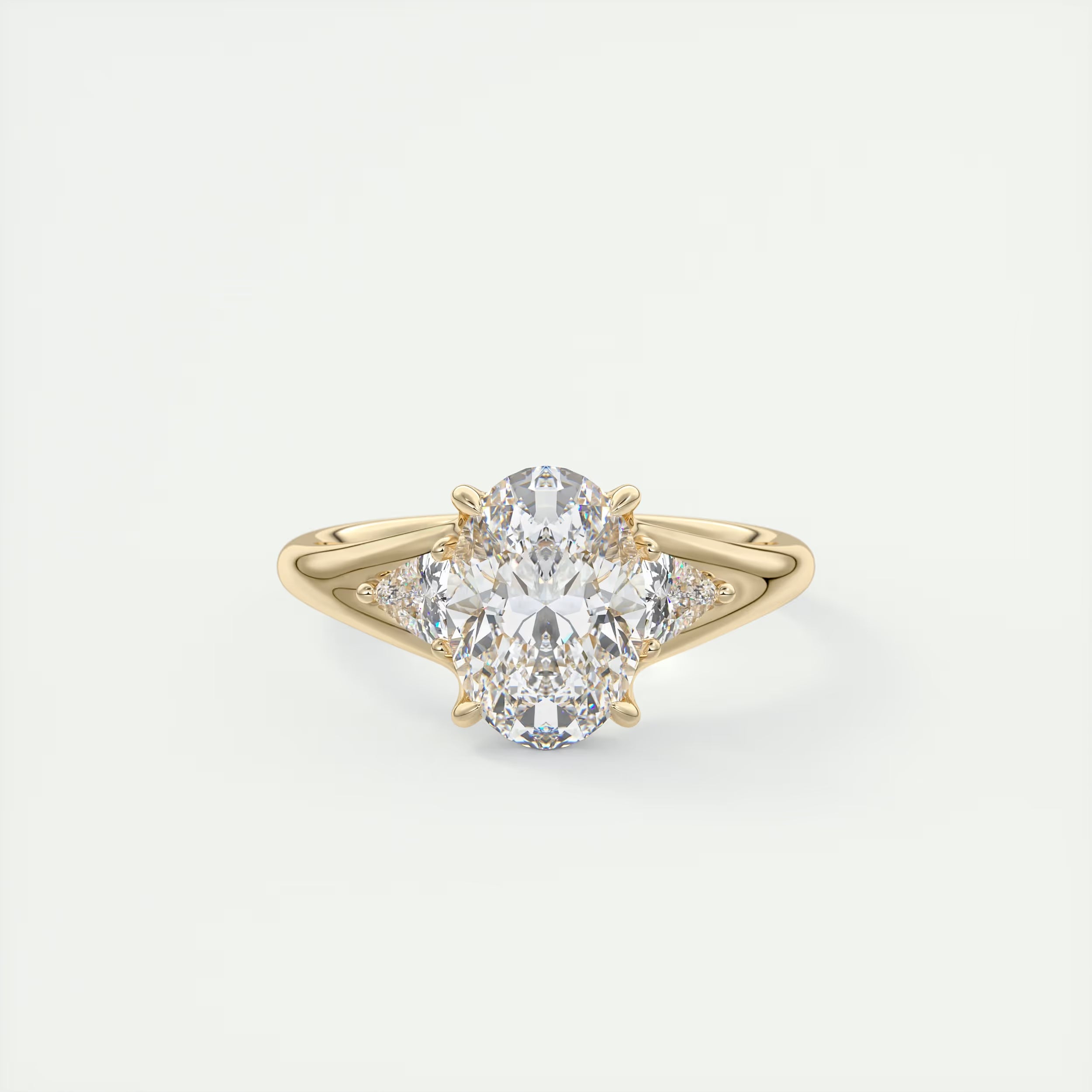 2.30 Ct The Center Stone Oval & Side Stone Trilliant Split Shank Three Stone Engagement Rings