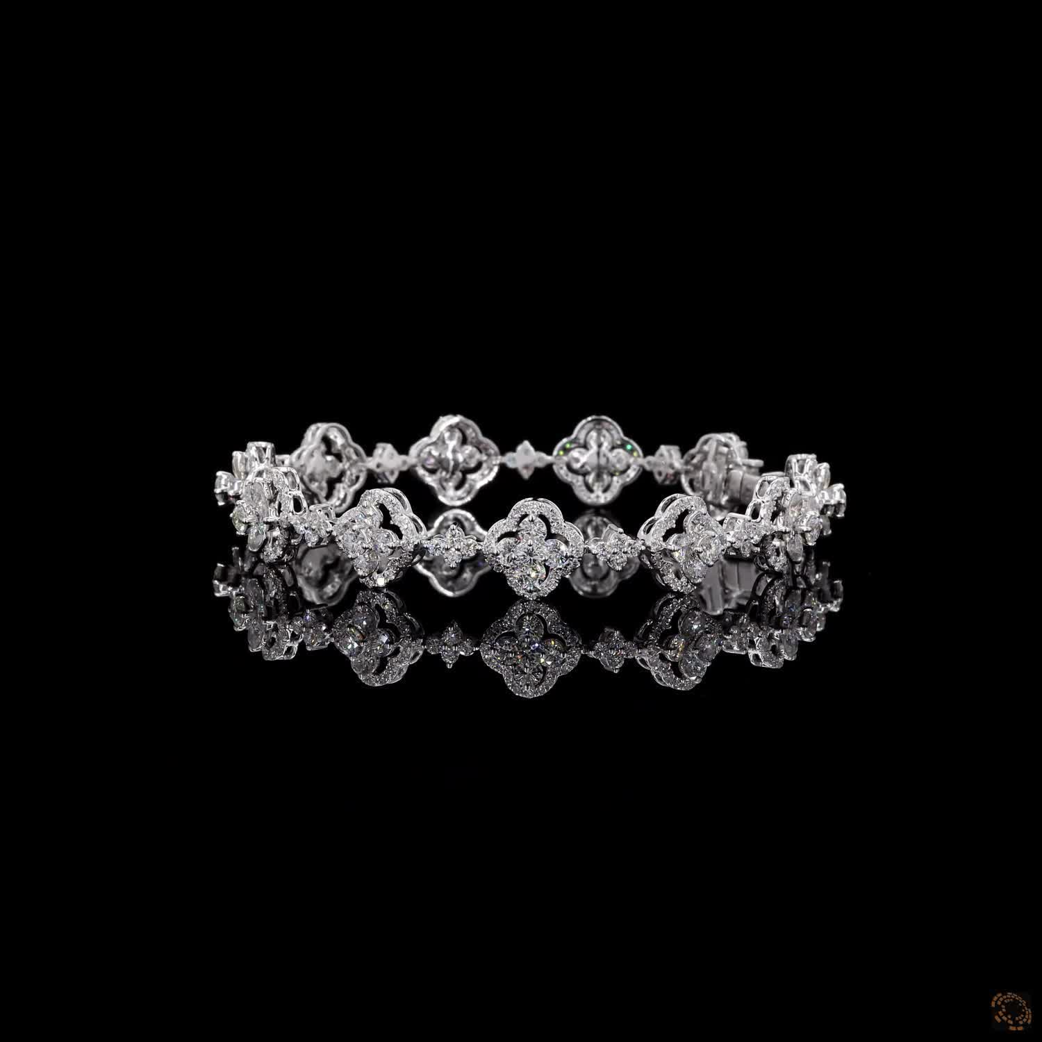 6.40 Ct Floral Quatrefoi Cluster Fancy Bracelet in 14K White Gold | Clover Halo Motif Line Bracelet