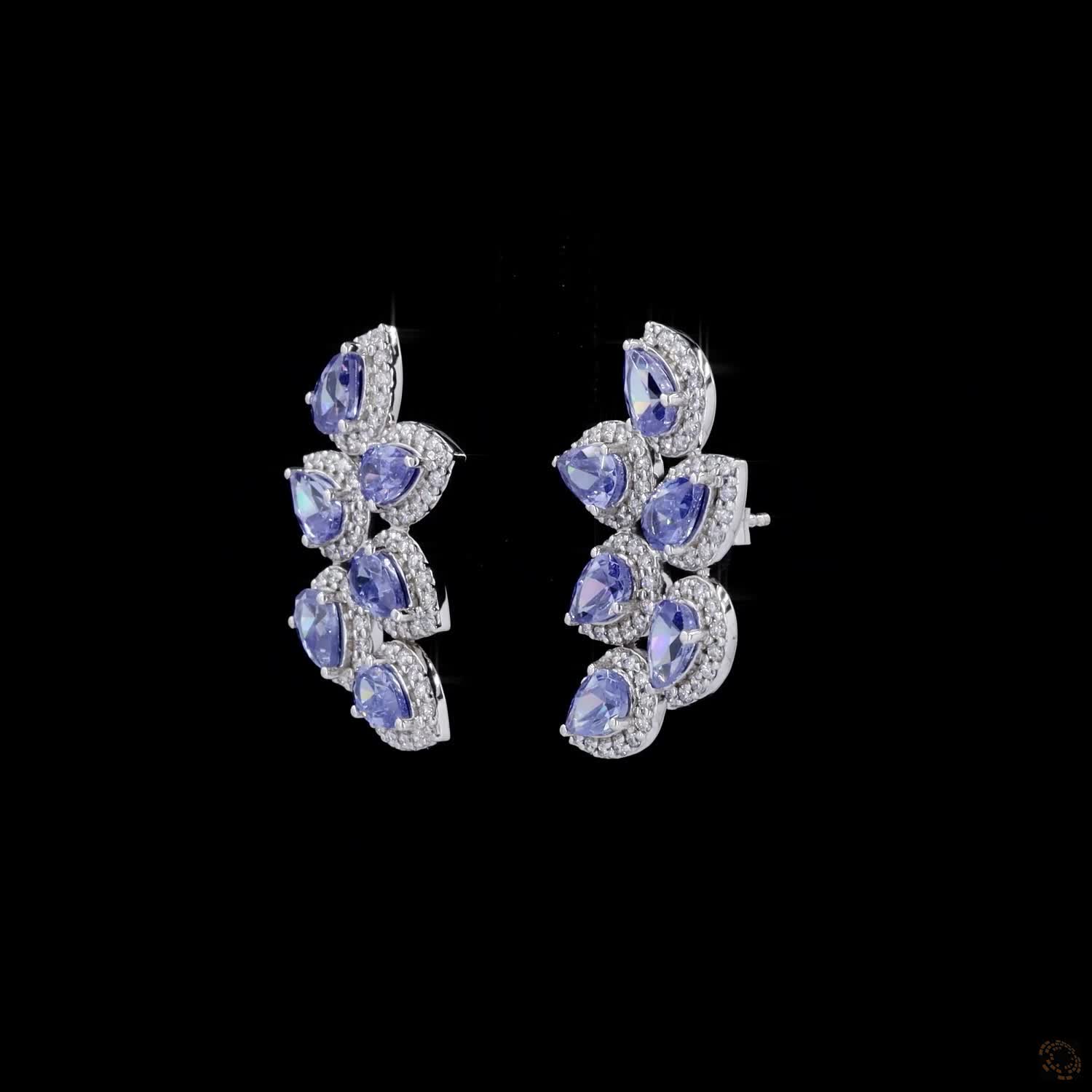 1.00 Ct hite Gold Tanzanite & Diamond Halo Cluster Spray Earrings