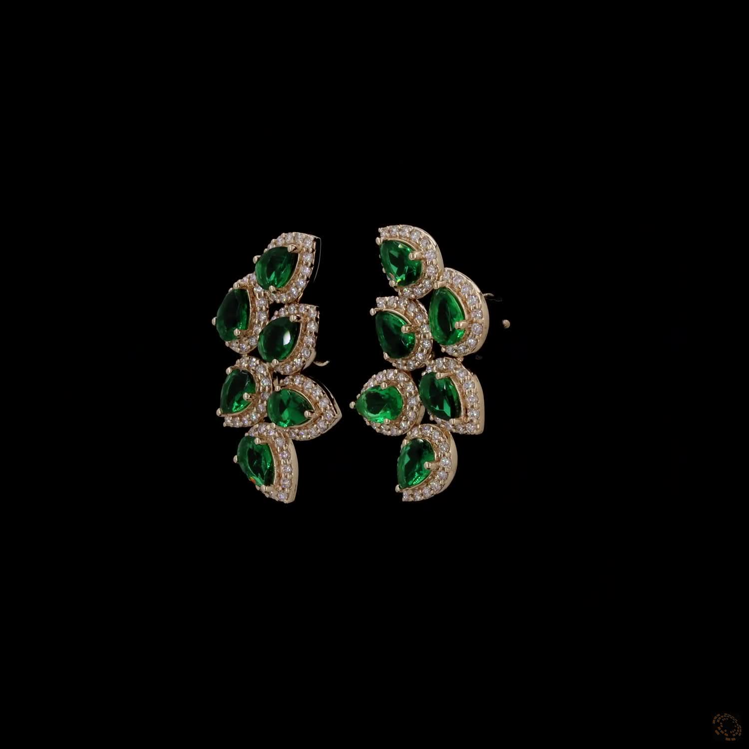 0.97 Ct Yellow Gold Simulated Emerald Ear Crawlers, Pear Shape Halo Vine Cluster Earrings, Statement Evening & Bridal Fine Jewelry