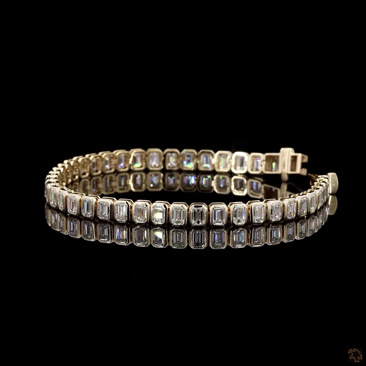 10.90 Ct Emerald Cut Bezel Fancy Bracelet in 14K Yellow Gold | Full Bezel Vertical Step Cut Line Bracelet