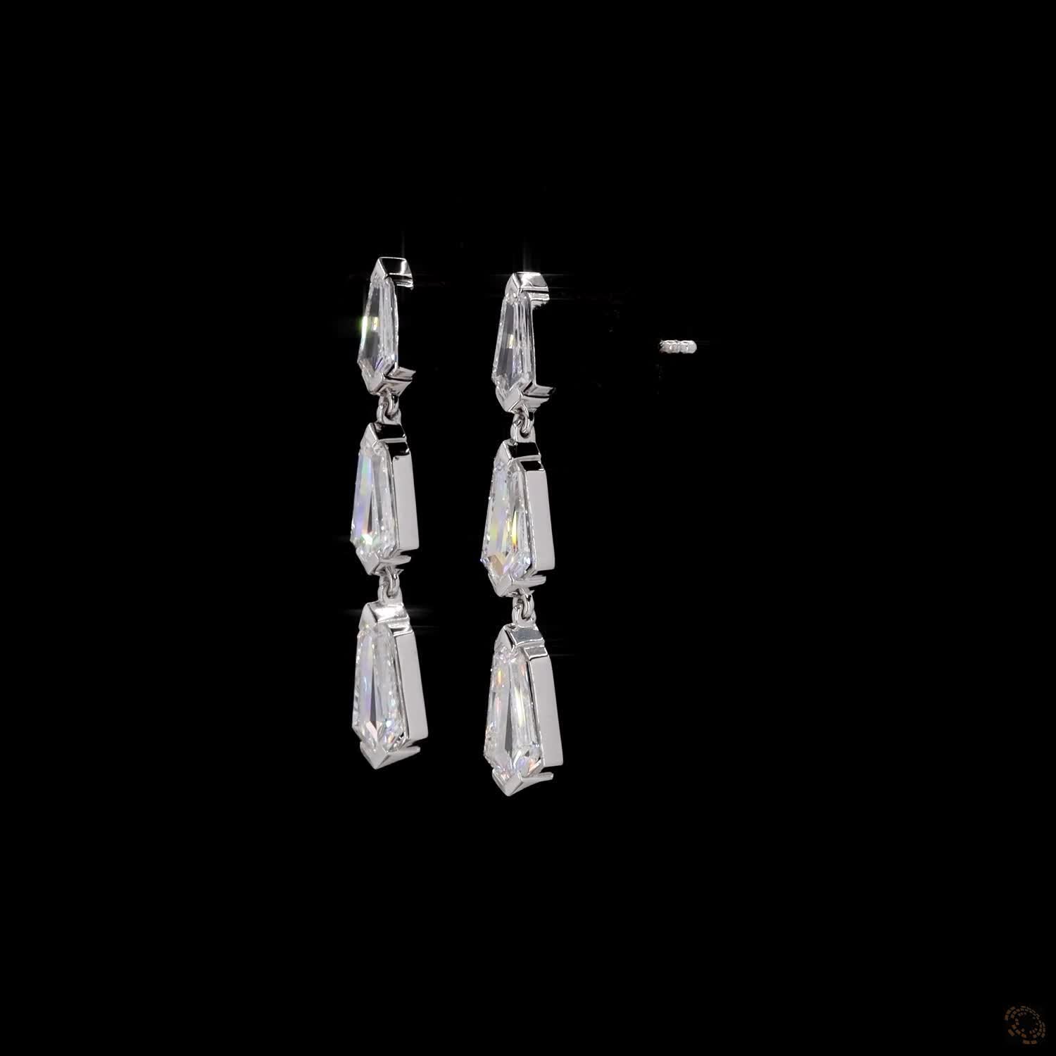 3.97 Ct White Gold 3-Stone Shild Cut Diamond Linear Drop Earrings