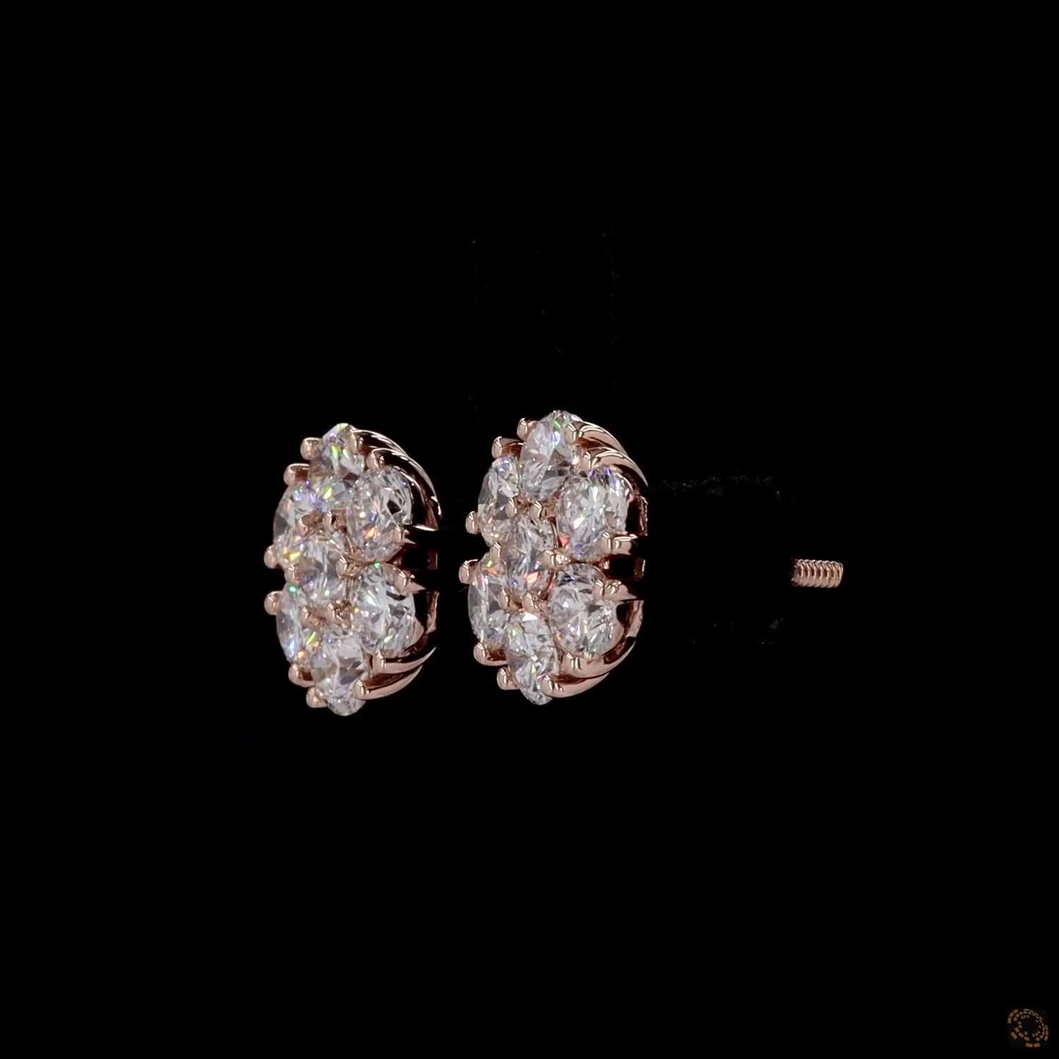 3.11 Ct Round Diamond Floral Cluster Stud Earrings in 14K Rose Gold | 7-Stone Flower Solitaire Look Studs