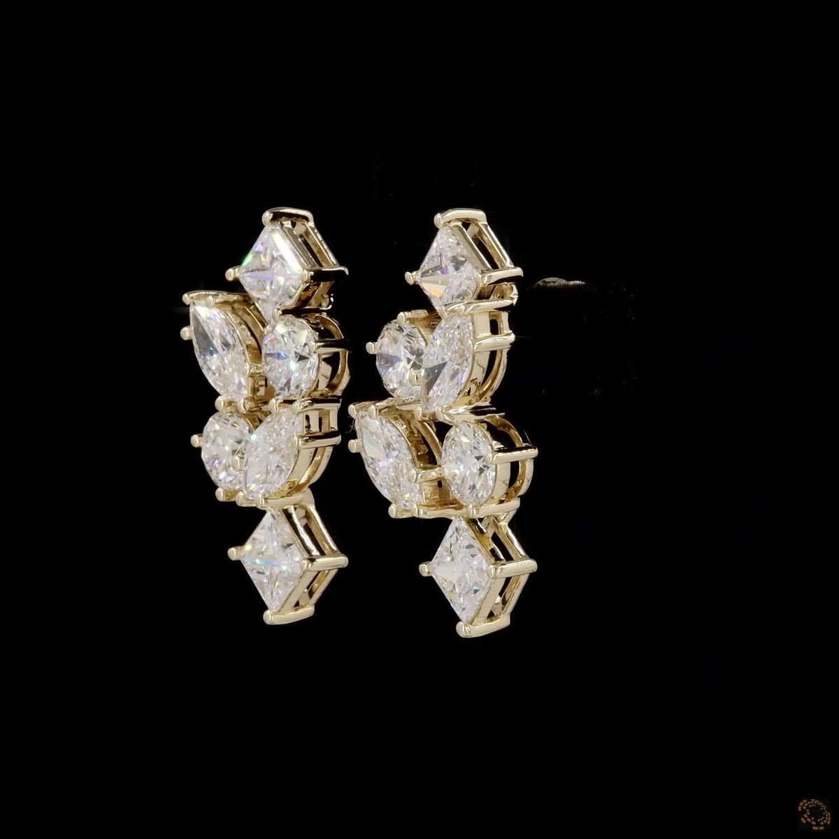 5.62 Ct Yellow Gold Multi-Cut Earrings, Geometric Cluster Ear Climbers, Unique Bridal & Evening Fine Jewelry