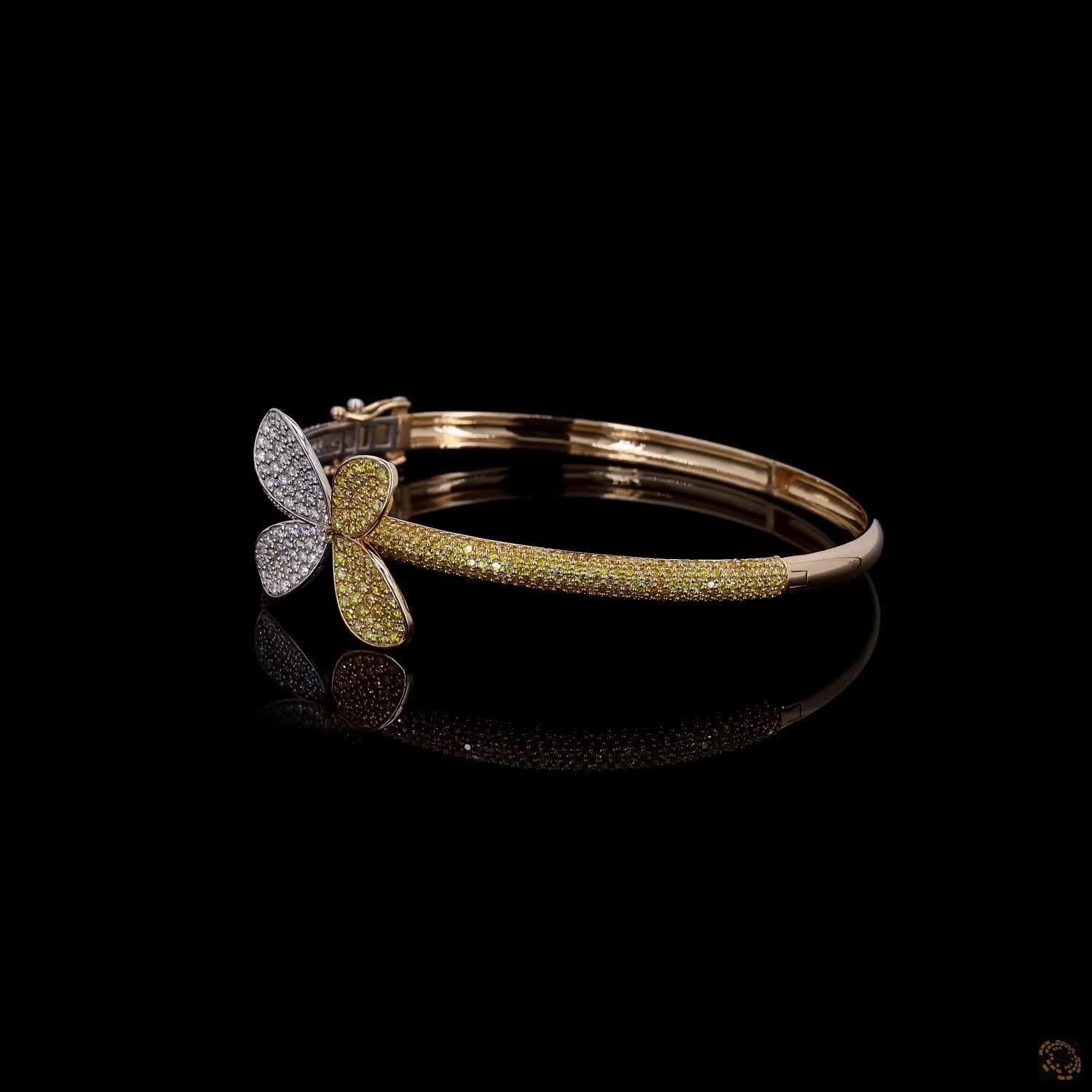 4.86 Ct Two-Tone Diamond Butterfly Bangle Bracelet – 14K Gold Pavé Diamond & Yellow Floral Cuff Jewelry