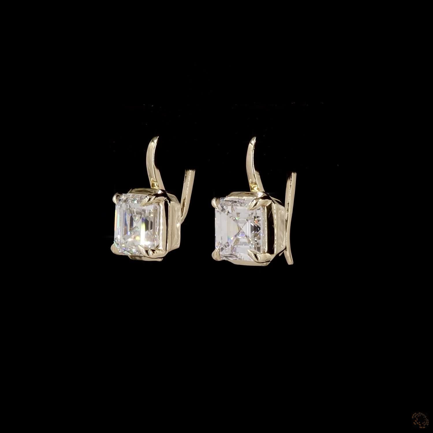 3.06 Ct Yellow Gold Asscher Cut Diamond Solitaire Leverback Drop Earrings
