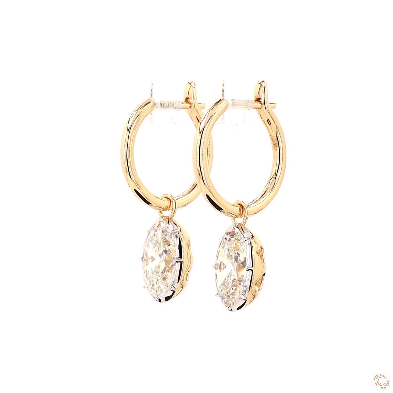 4.20 Ct Oval Cut Diamond Drop Huggie Earrings in 14K Two-Tone Gold | Vertical Solitaire Dangle Hoops