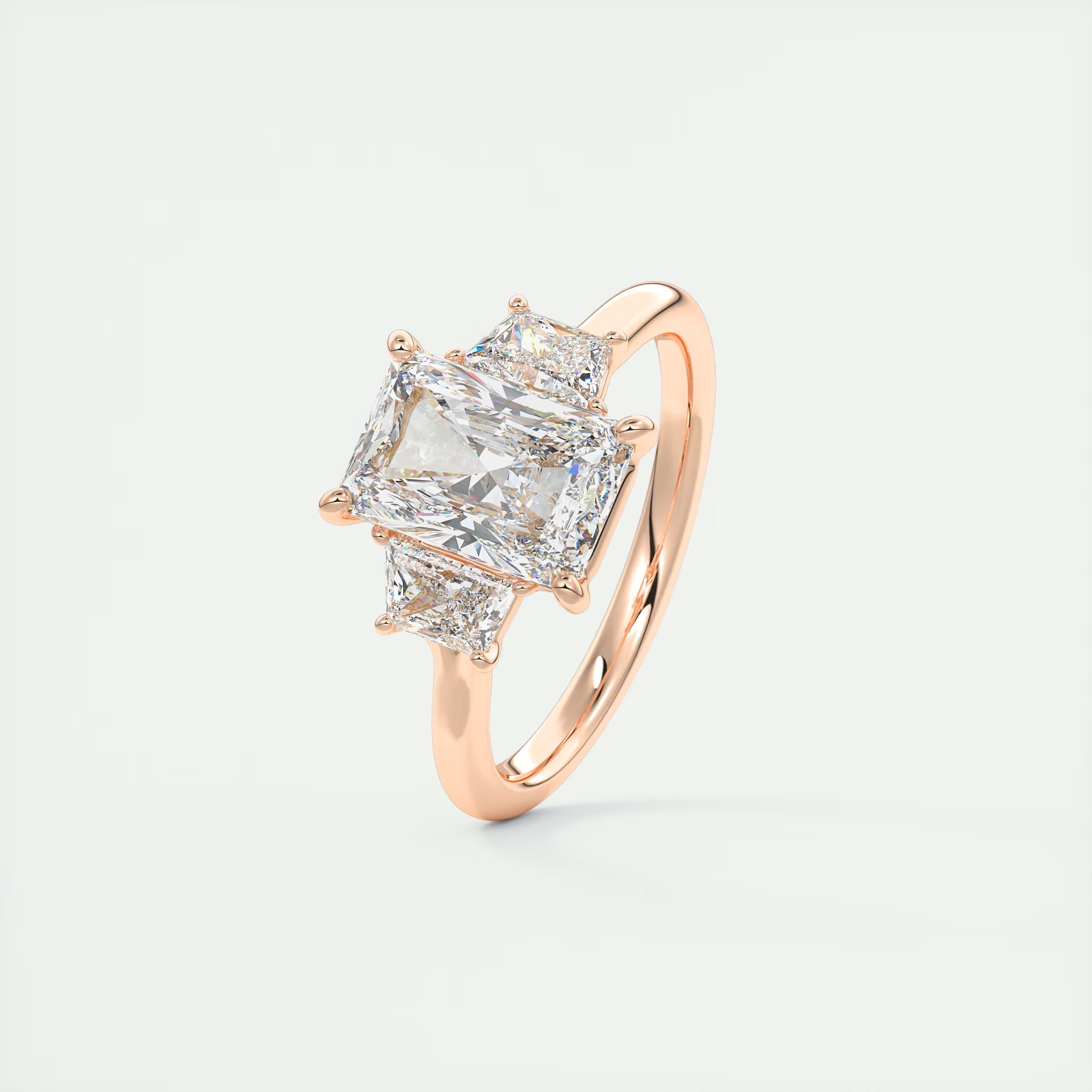 2.50 Ct Plunge Center Stone Radiant & Side Stone Trapezoids Three Stone Engagement Rings