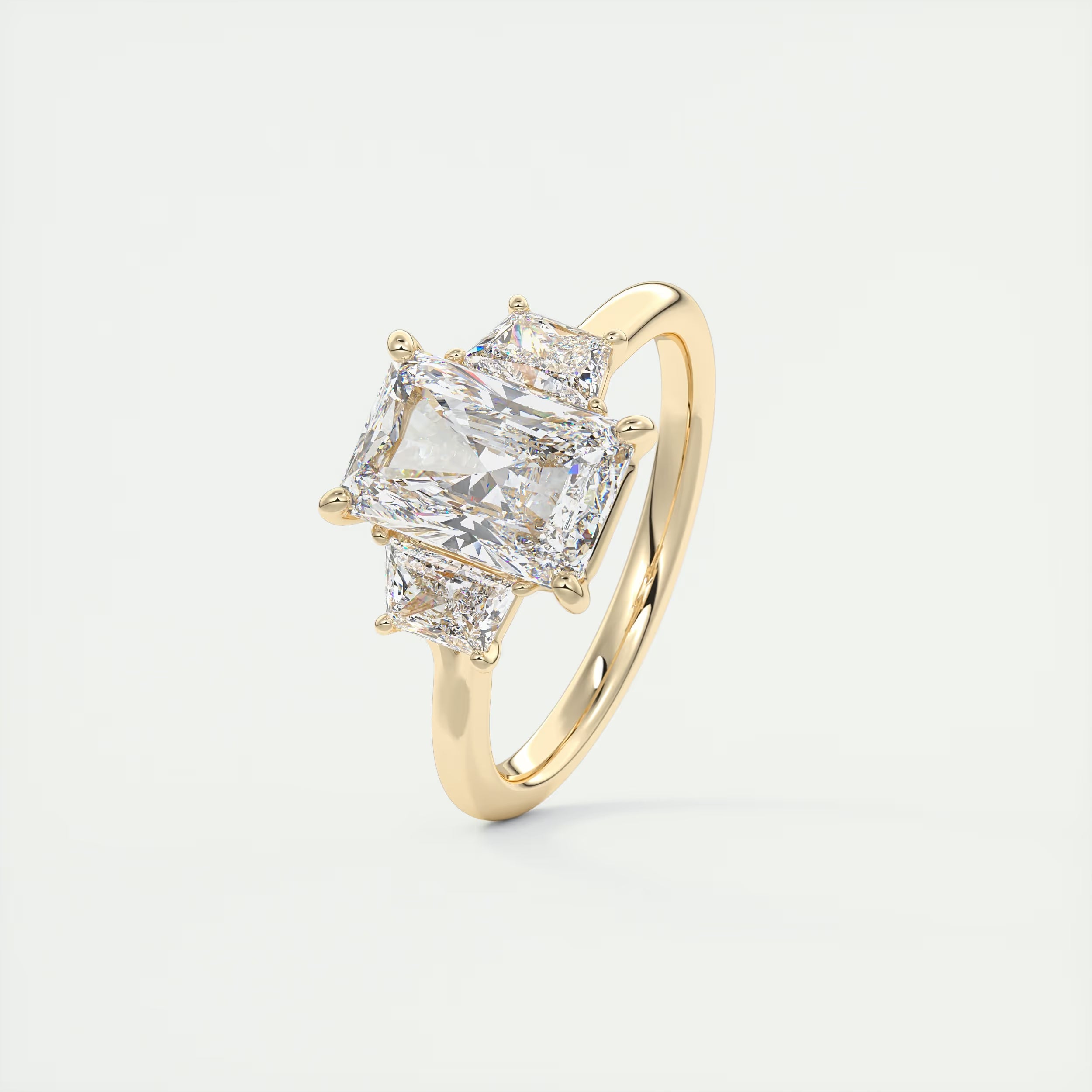 2.50 Ct Plunge Center Stone Radiant & Side Stone Trapezoids Three Stone Engagement Rings