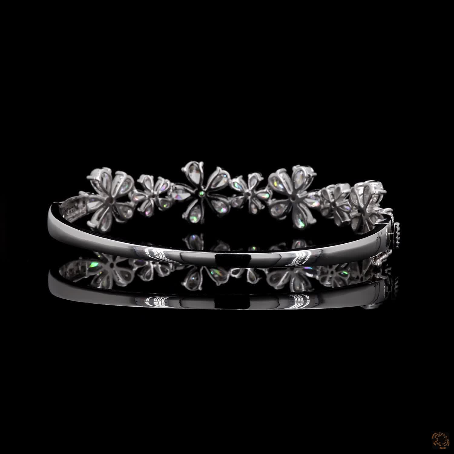 8.72 Ct Diamond Flower Cluster Station Bangle Bracelet in White Gold