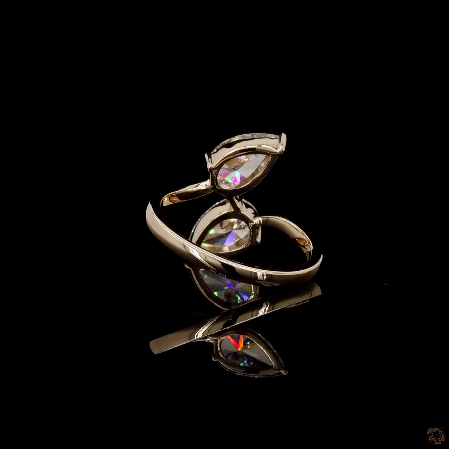 2.11 Ct Dual Pear Cut Diamond Bypass Toi et Moi Ring | Modern Yellow Gold Two-Stone Diamond Band