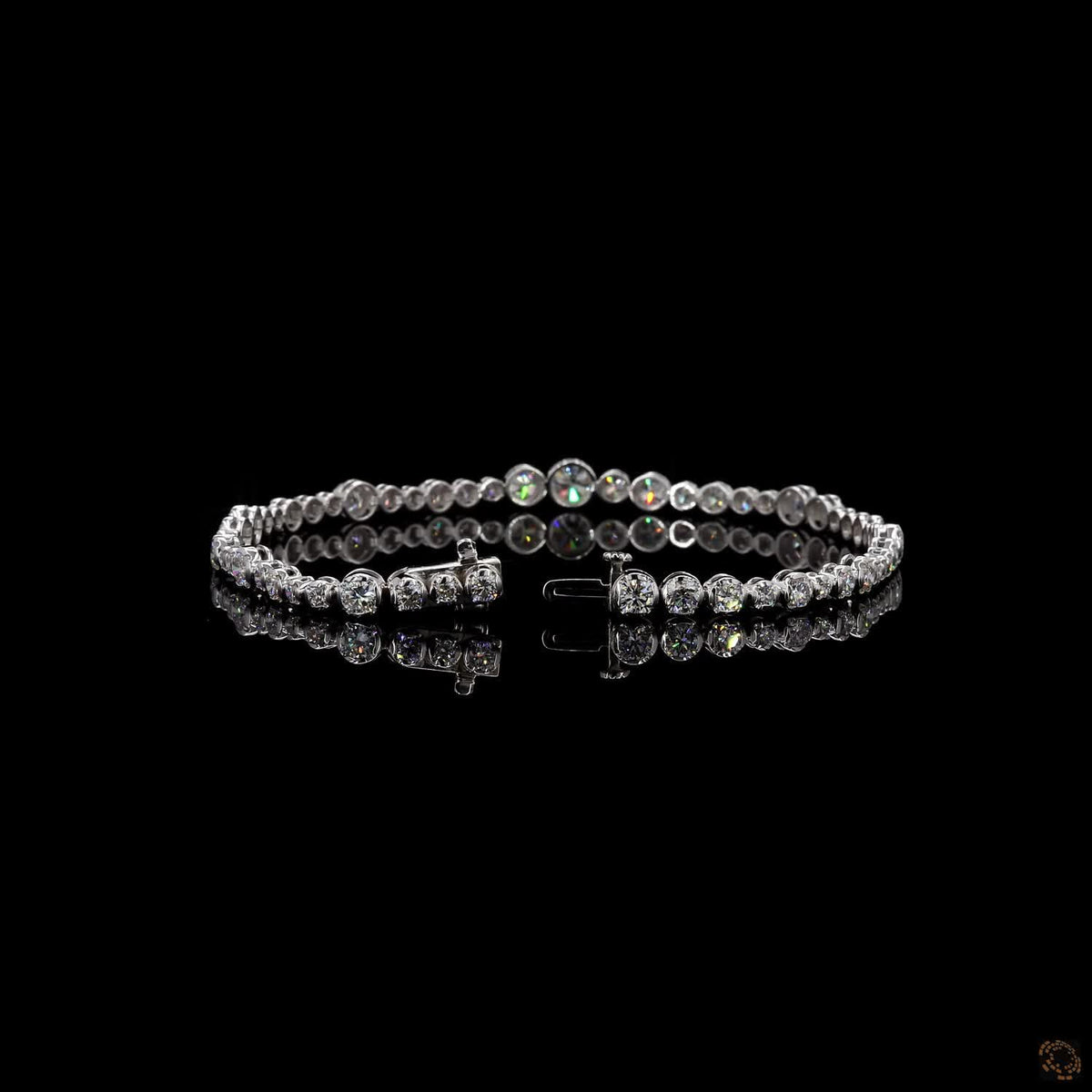 6.33 Ct 4K White Gold Graduated Round Cut Bezel Fancy Bracelet with Double Latch Box Clasp