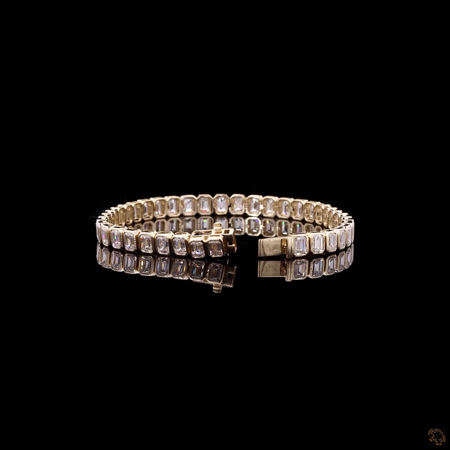 12.51 Ct Emerald Cut Moissanite Beze Fancy Bracelet in 14K Yellow Gold | Full Bezel Set Vertical Emerald Diamond Alternative Line Bracelet
