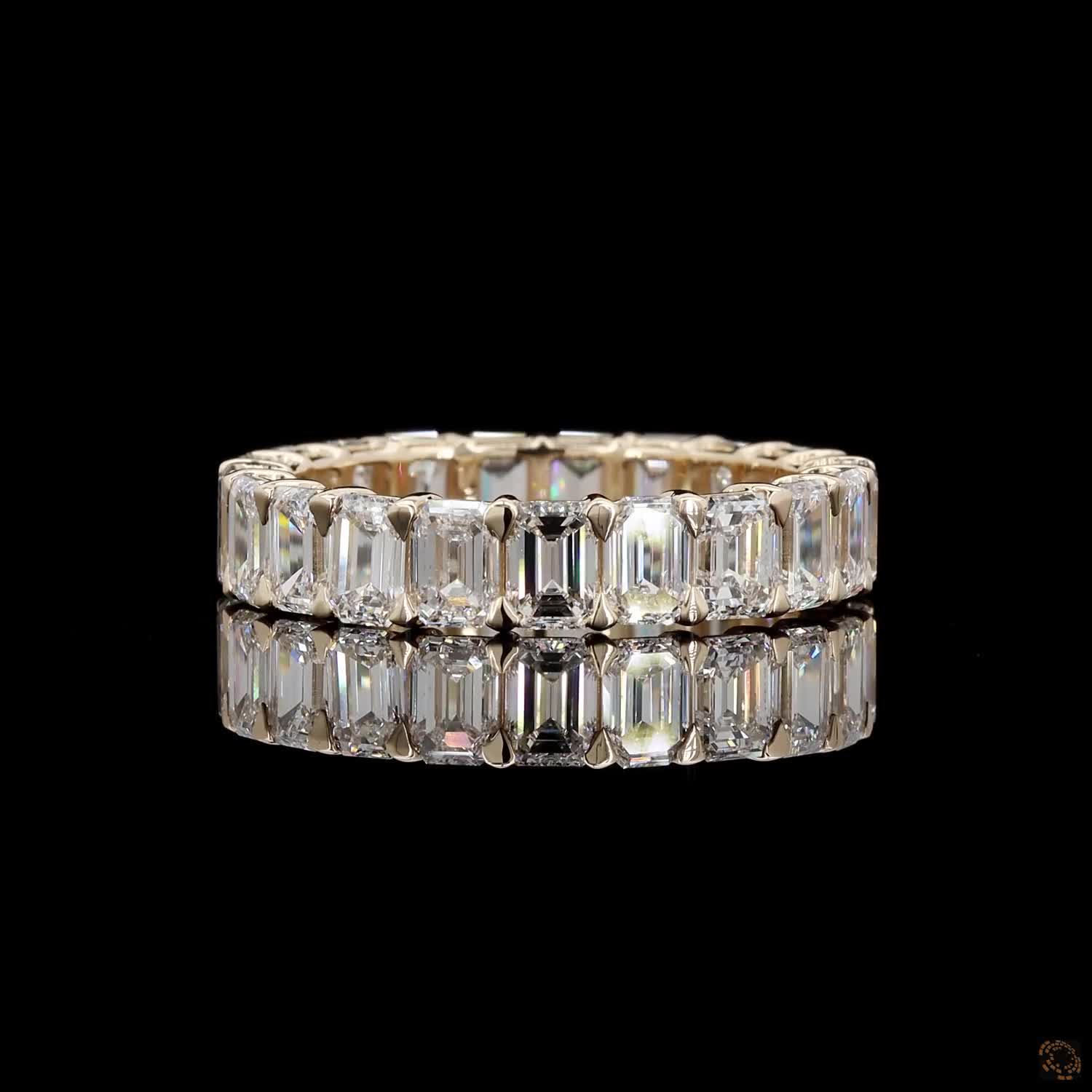 5.16 Ct Emerald Cut Diamond Full Eternity Ring, 4-Prong Shared Setting, 14K Yellow Gold Matching Bridal Band