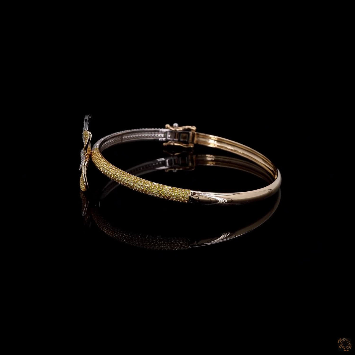 4.86 Ct Two-Tone Diamond Butterfly Bangle Bracelet – 14K Gold Pavé Diamond & Yellow Floral Cuff Jewelry