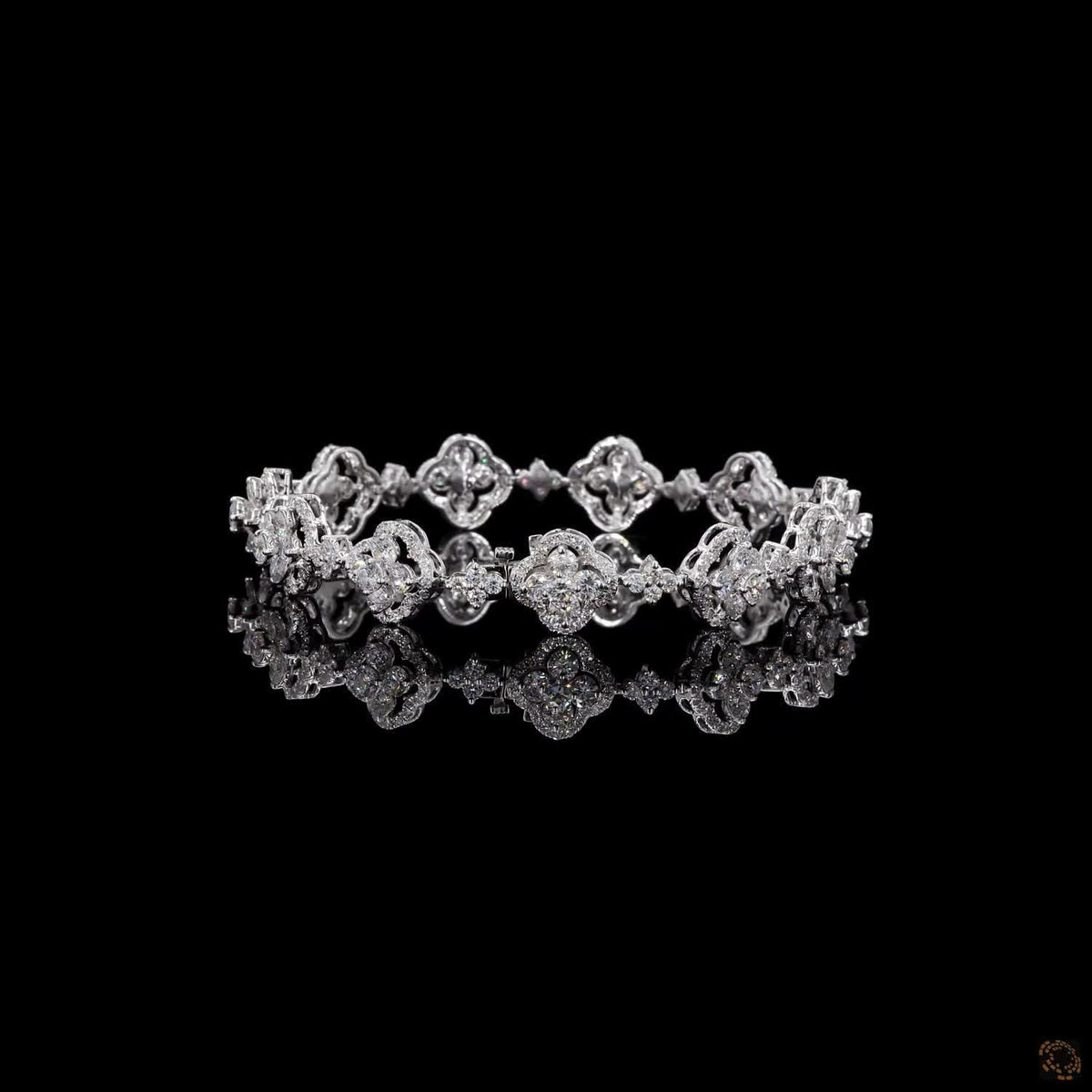6.40 Ct Floral Quatrefoi Cluster Fancy Bracelet in 14K White Gold | Clover Halo Motif Line Bracelet