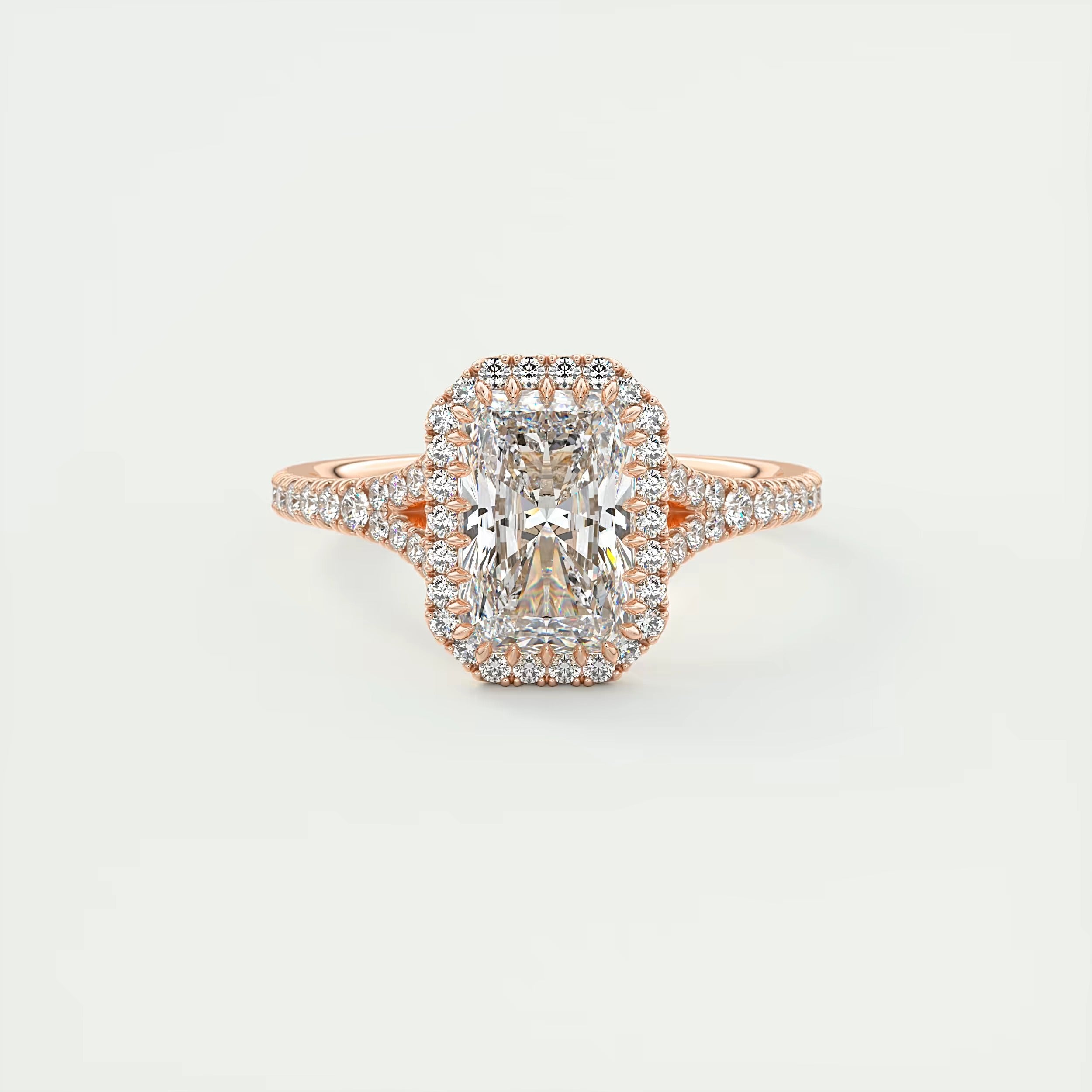 2.70 Ct The French Halo Center Stone Radiant & Side stone Round Cut Diamond Ring