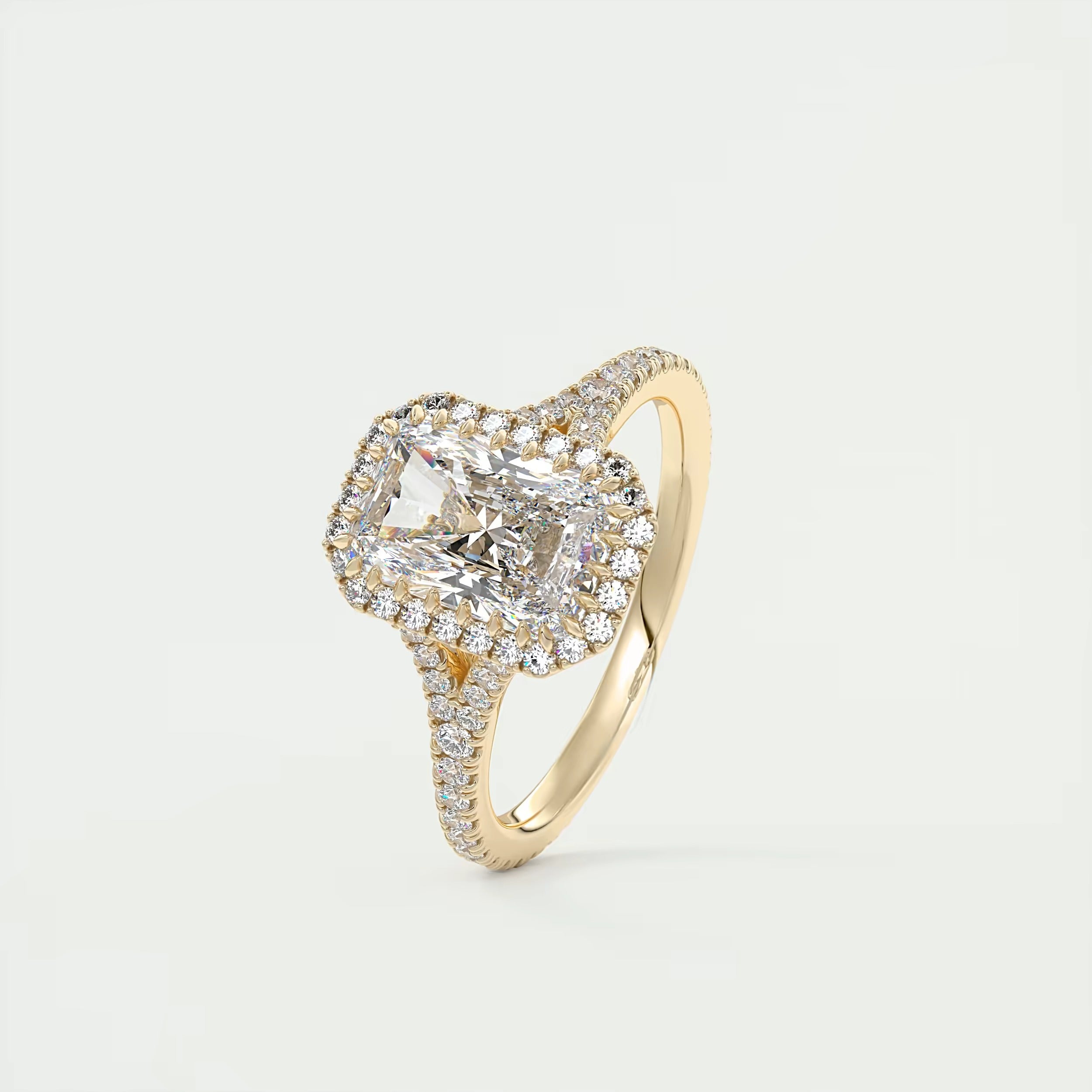 2.70 Ct The French Halo Center Stone Radiant & Side stone Round Cut Diamond Ring