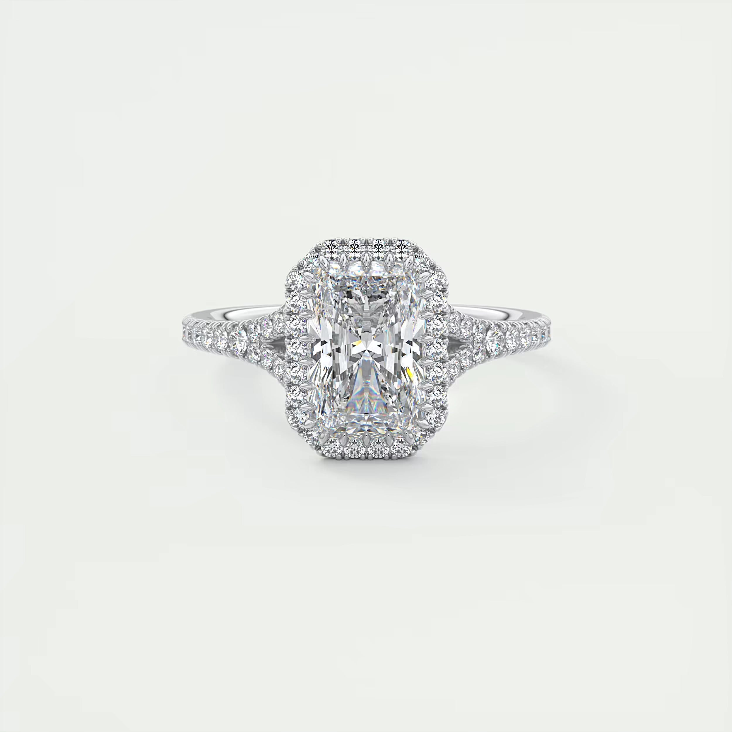 2.70 Ct The French Halo Center Stone Radiant & Side stone Round Cut Diamond Ring