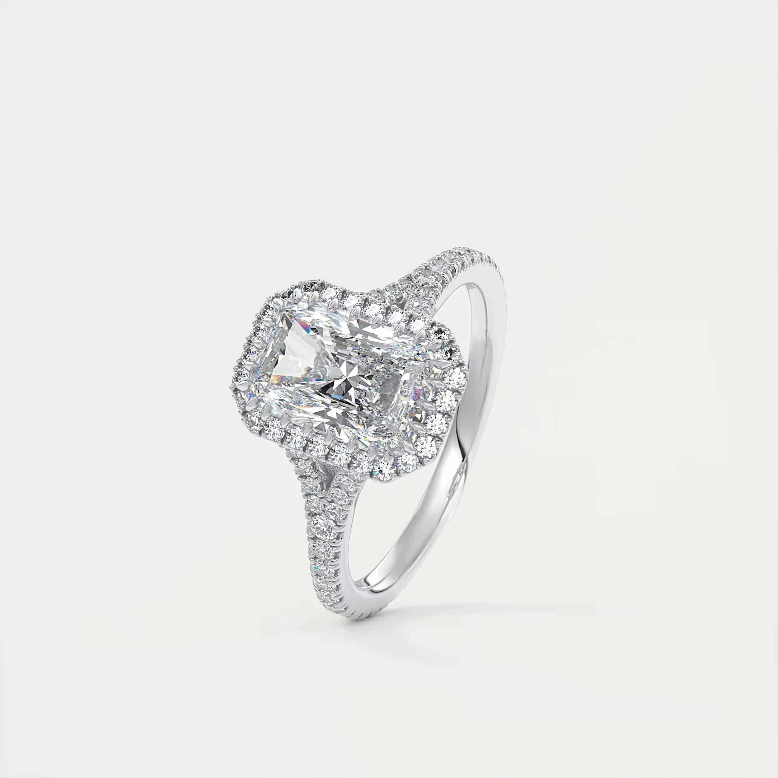 2.70 Ct The French Halo Center Stone Radiant & Side stone Round Cut Diamond Ring