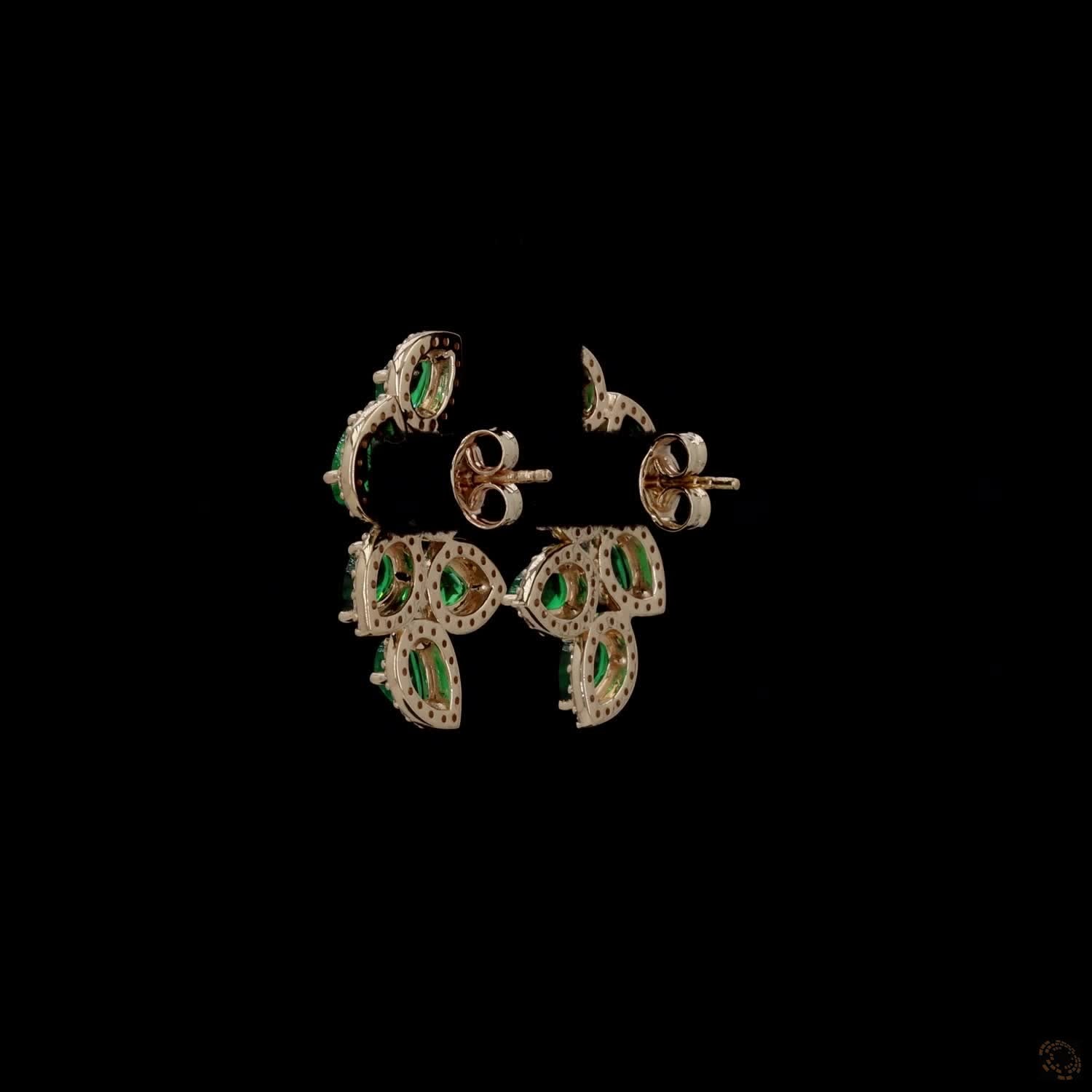 0.97 Ct Yellow Gold Simulated Emerald Ear Crawlers, Pear Shape Halo Vine Cluster Earrings, Statement Evening & Bridal Fine Jewelry
