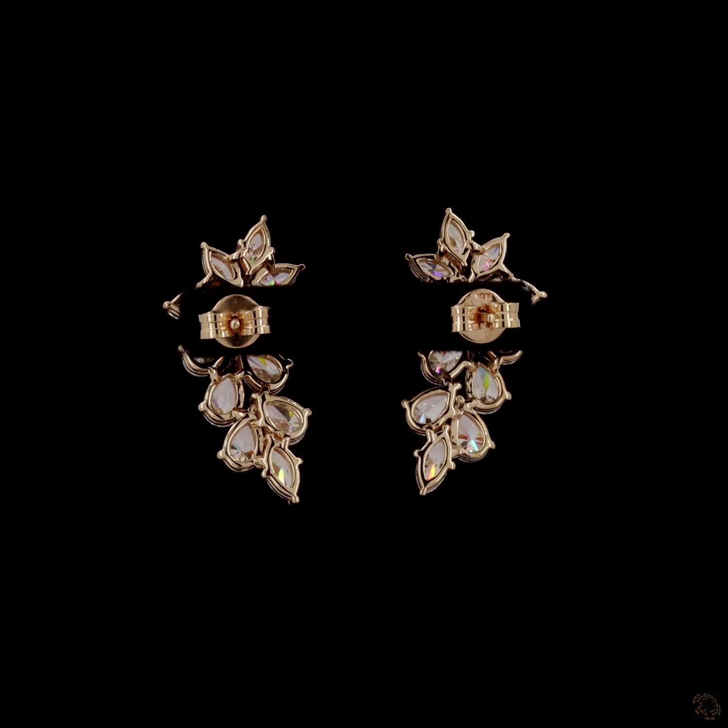 4.4 Ct Multi-Shape Ear Crawlers, Yellow Gold Leaf Cluster Earrings, Statement Bridal Vine Jewelry
