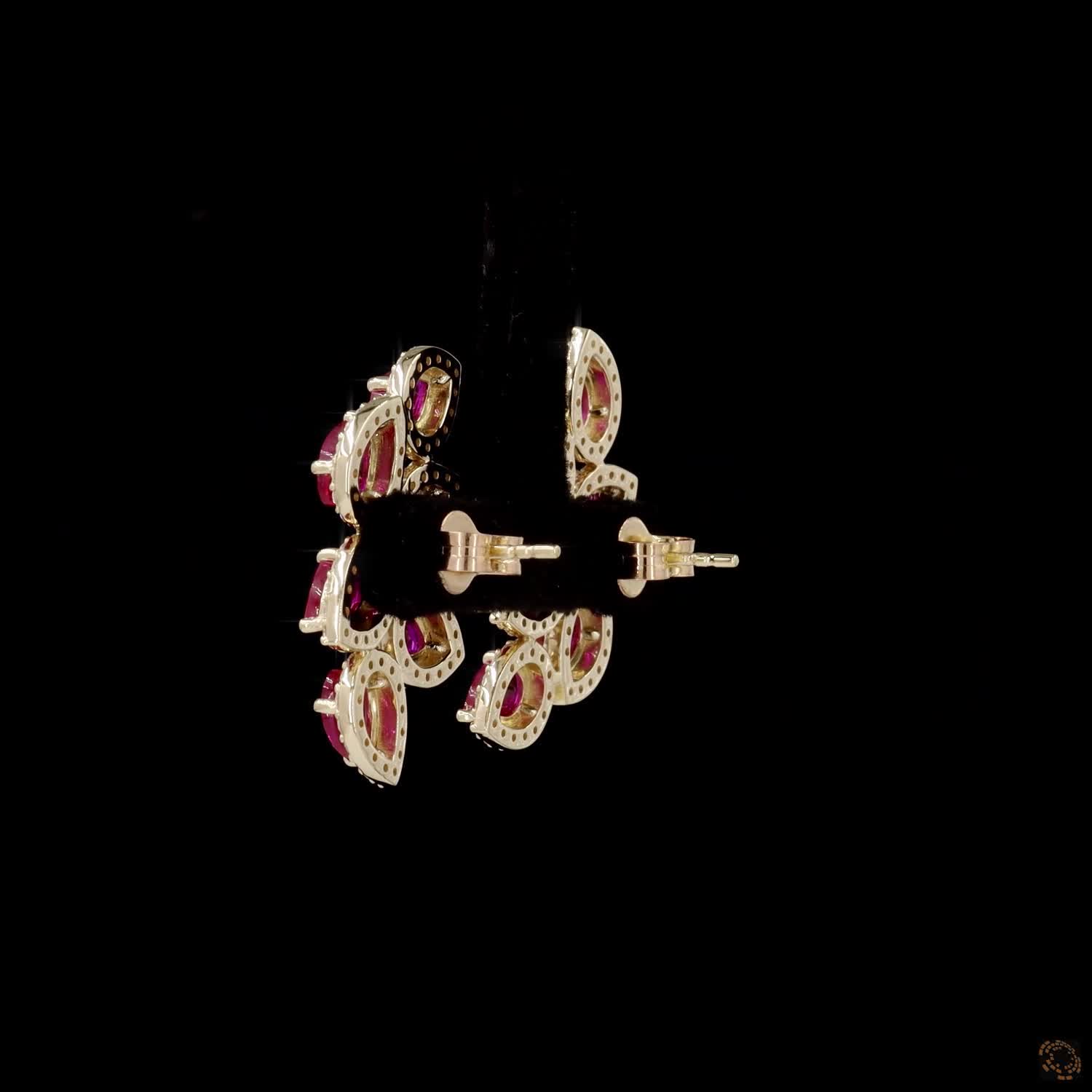 0.95 Ct Pear Cut Ruby & Diamond Halo Ear Climbers | Gold Leaf Cluster Earrings