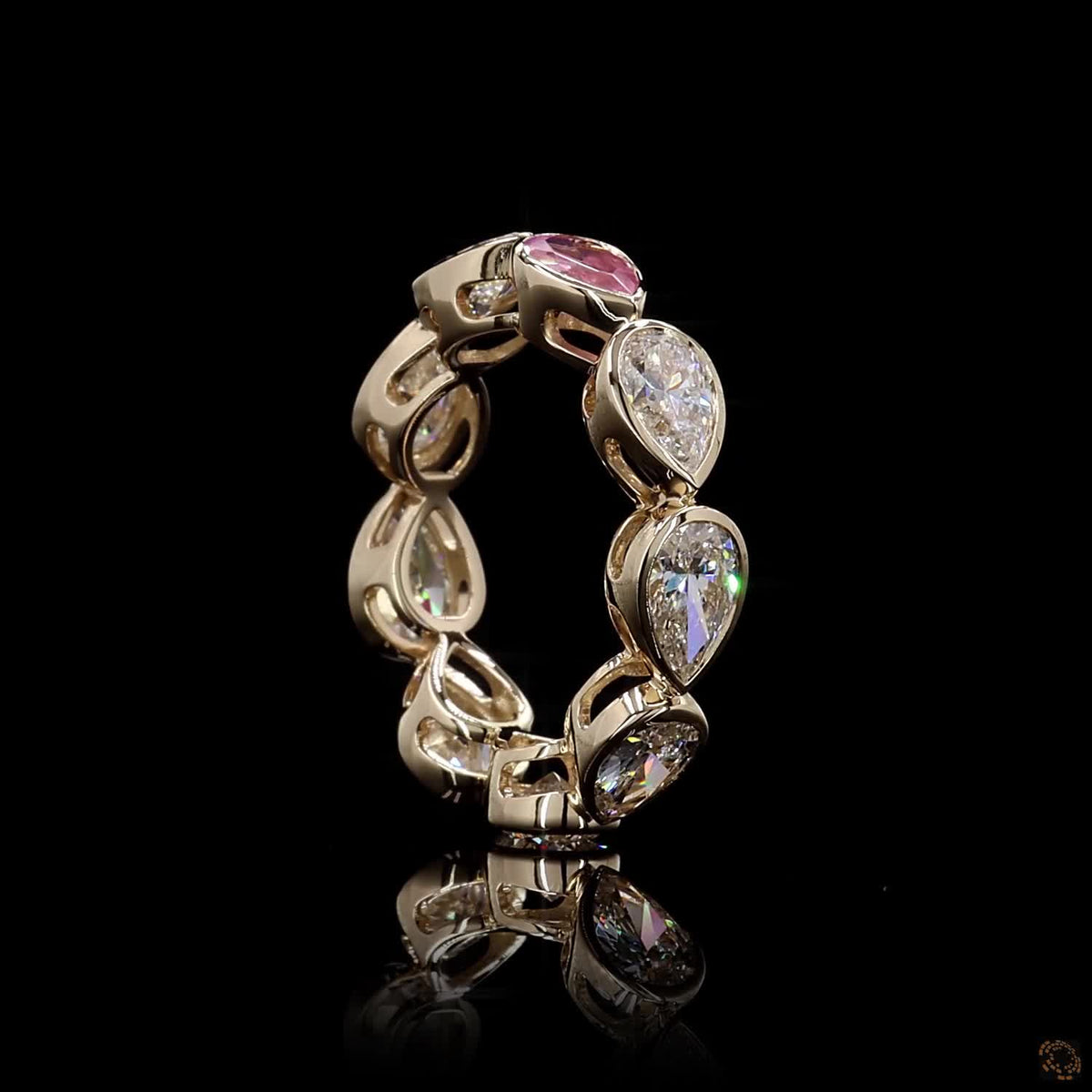 2.47 Ct East-West Bezel-Set Pear Diamond Eternity Band with Pink Sapphire Accent in Yellow Gold