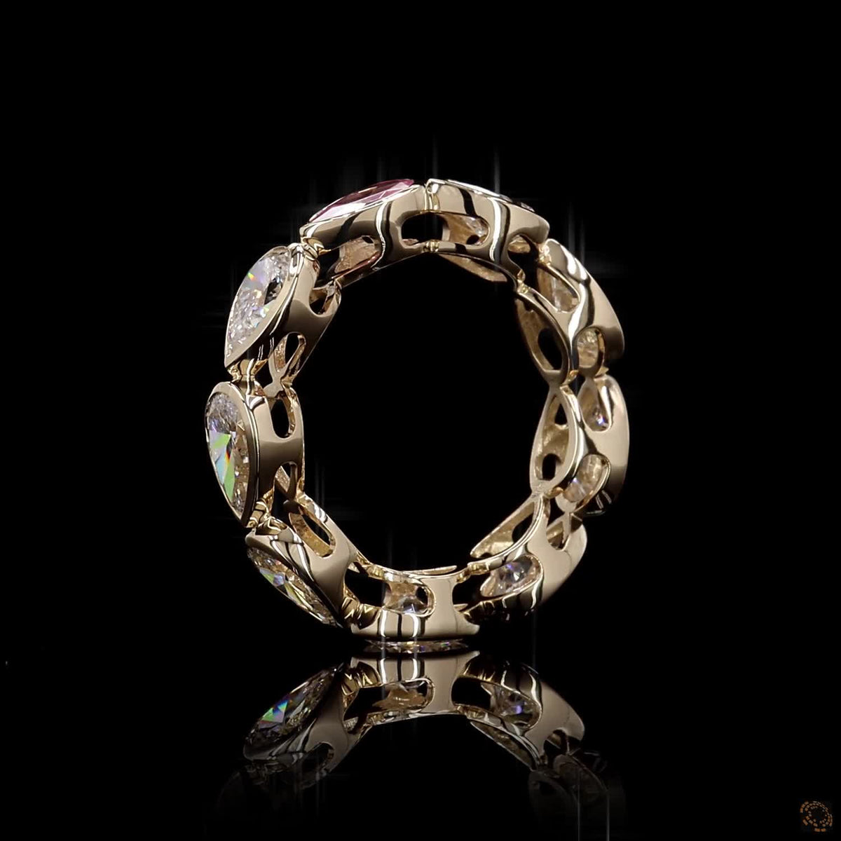 2.47 Ct East-West Bezel-Set Pear Diamond Eternity Band with Pink Sapphire Accent in Yellow Gold