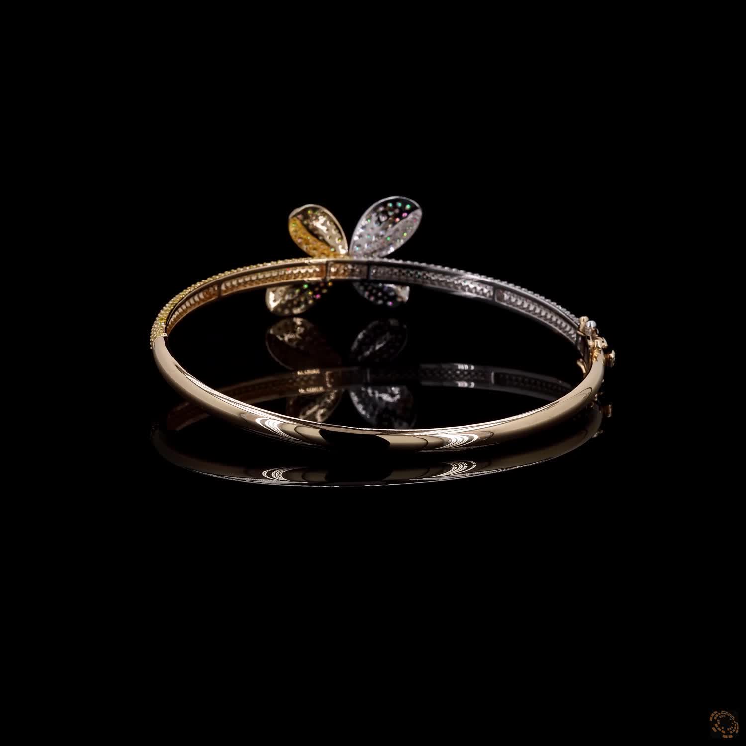 4.86 Ct Two-Tone Diamond Butterfly Bangle Bracelet – 14K Gold Pavé Diamond & Yellow Floral Cuff Jewelry