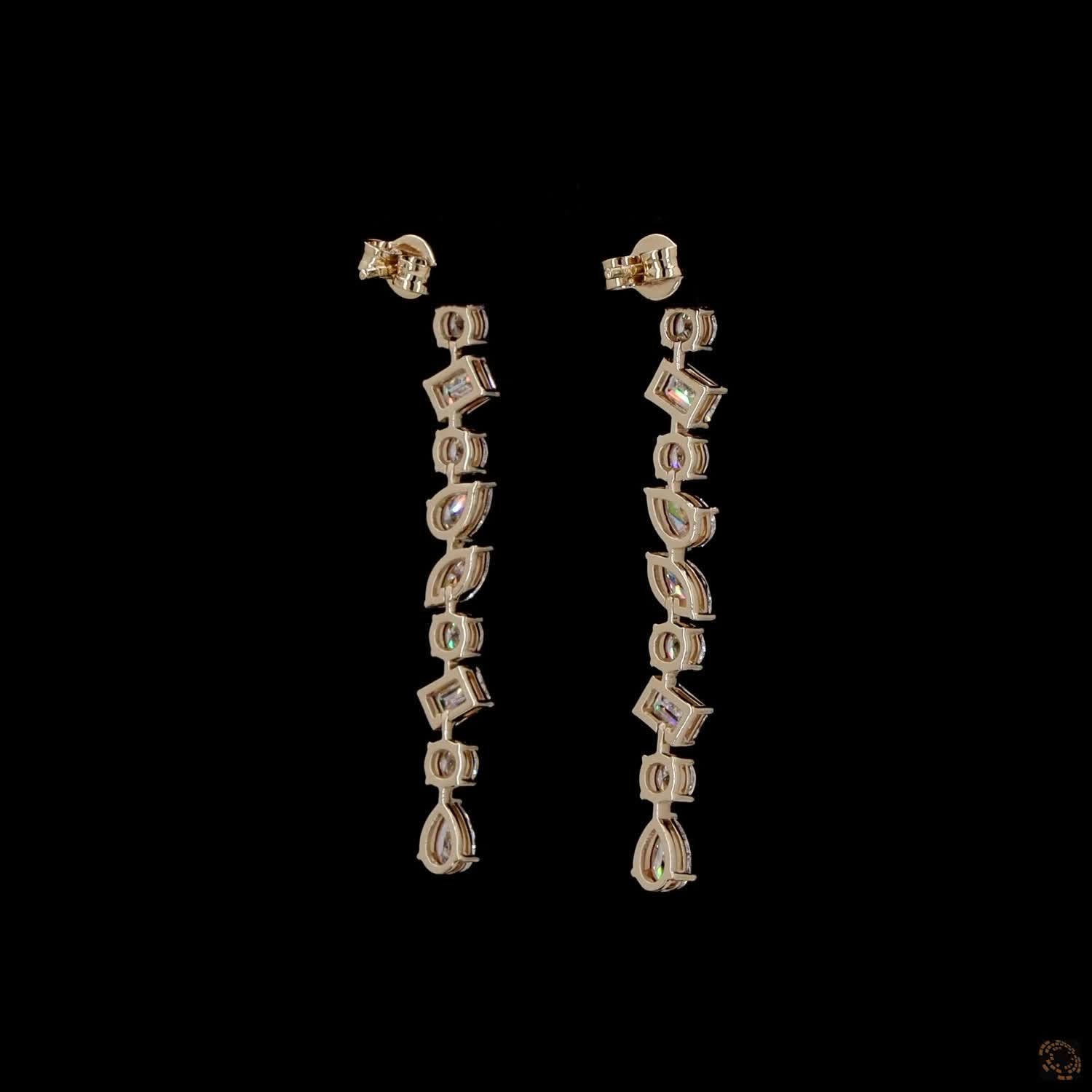 4.62 Ct 14K Gold Multi-Cut Diamond Drop Earrings – Emerald, Pear, Marquise & Round Linear Statement Earrings