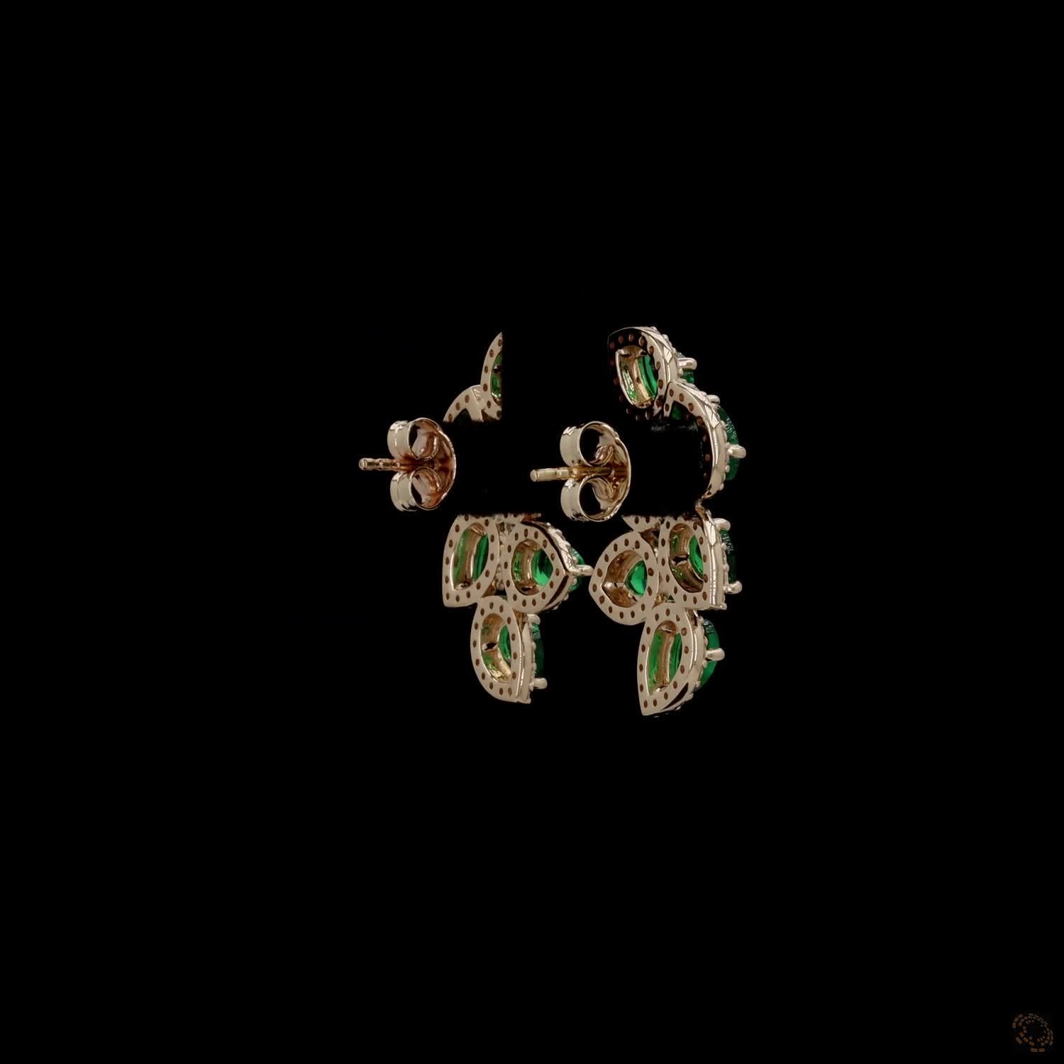 0.97 Ct Yellow Gold Simulated Emerald Ear Crawlers, Pear Shape Halo Vine Cluster Earrings, Statement Evening & Bridal Fine Jewelry