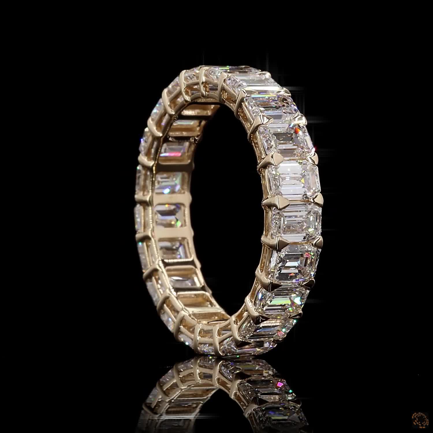 5.16 Ct Emerald Cut Diamond Full Eternity Ring, 4-Prong Shared Setting, 14K Yellow Gold Matching Bridal Band
