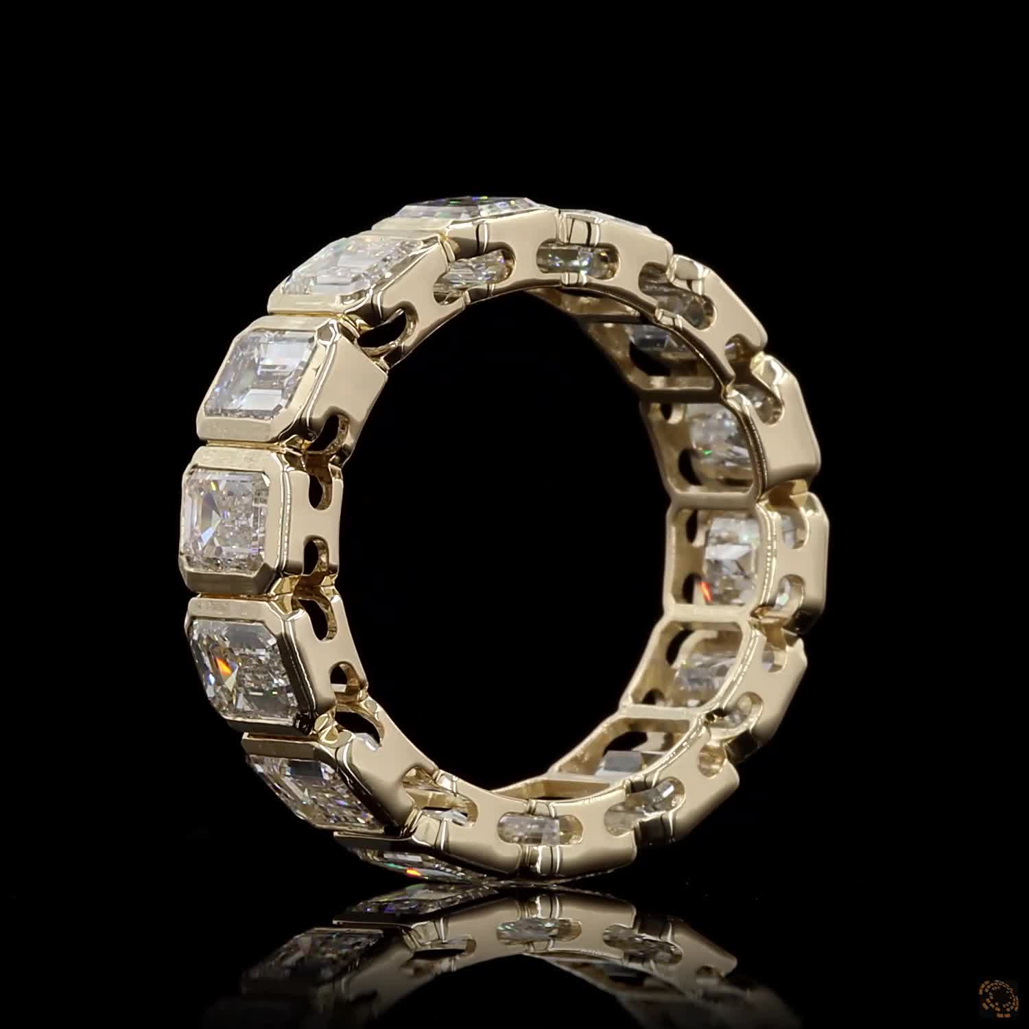 6.97 Ct Bezel-Set Emerald Cut Diamond Eternity Ring in Yellow Gold