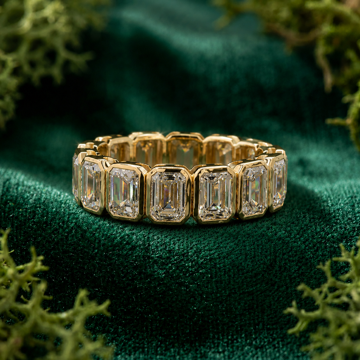 7.49 Ct Emerald Cut Bezel Set Diamond Eternity Ring | 14K Yellow Gold Lab Grown Diamond Band
