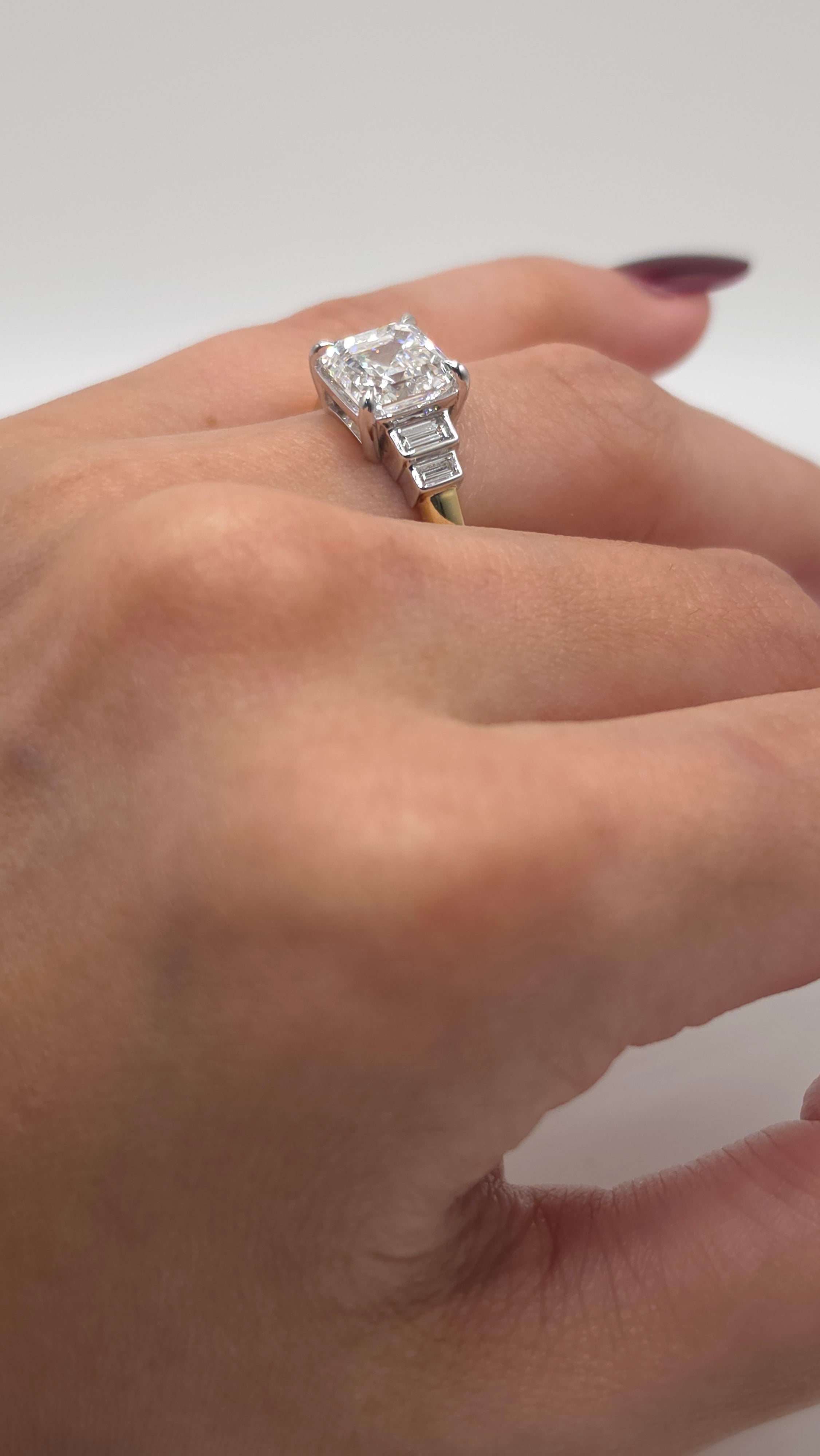 3.43 Ct 14K Yellow & White Gold Asscher Cut Diamond Ring with Baguette Side Diamonds