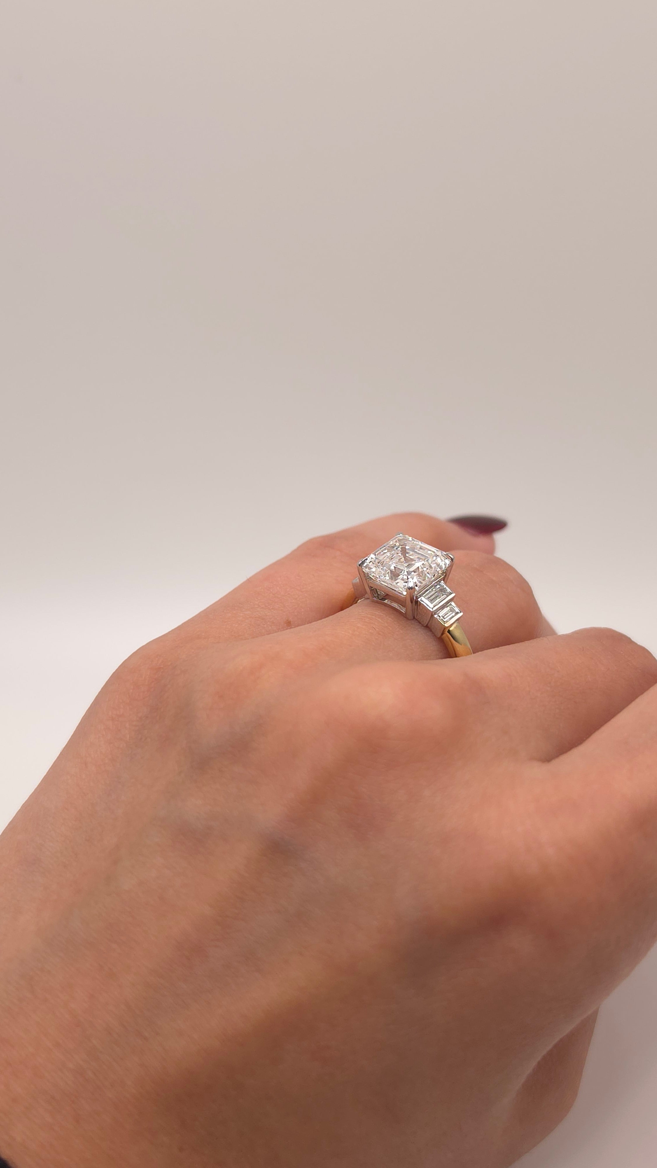 4.42 Ct 14K Yellow & White Gold Asscher Cut Diamond Ring with Baguette Side Diamonds