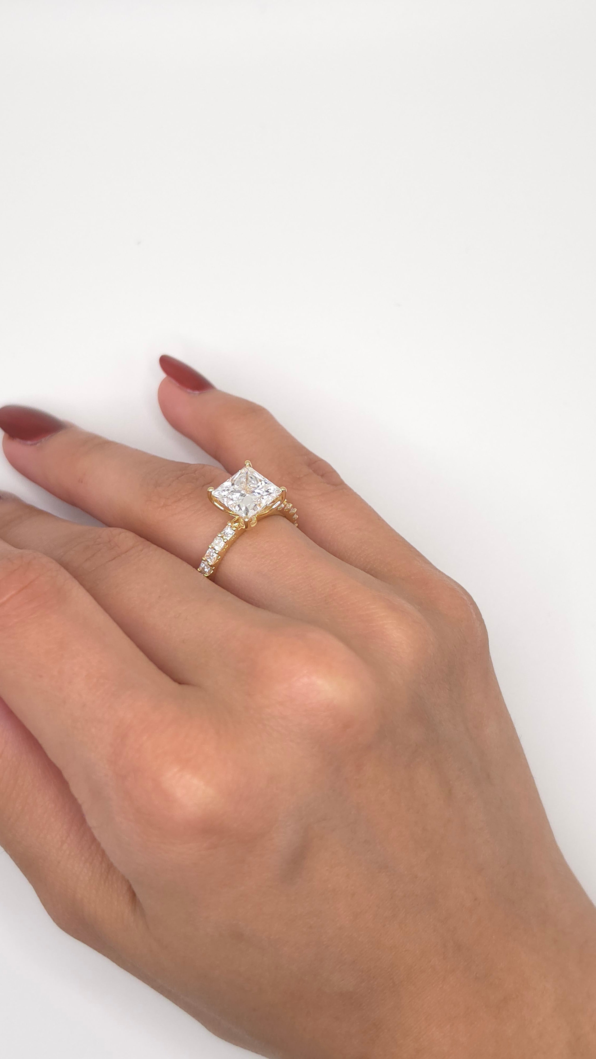 3.90 Ct Princess Cut Diamond Solitaire Ring with Curved Pavé Band in Yellow Gold