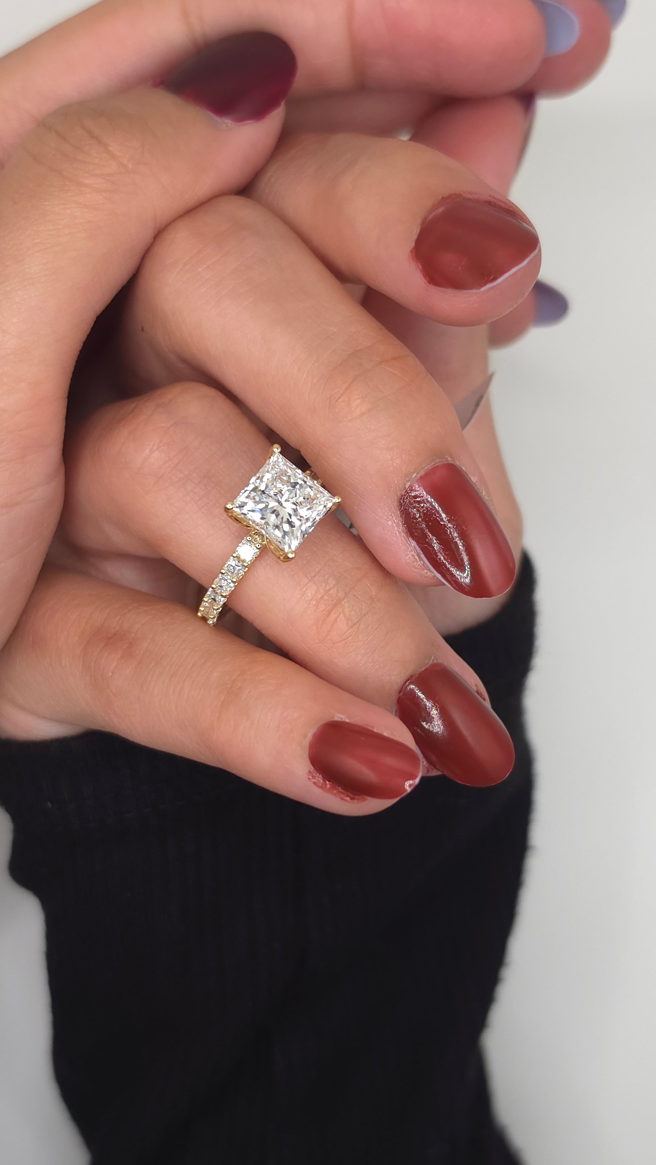 3.90 Ct Princess Cut Diamond Solitaire Ring with Curved Pavé Band in Yellow Gold