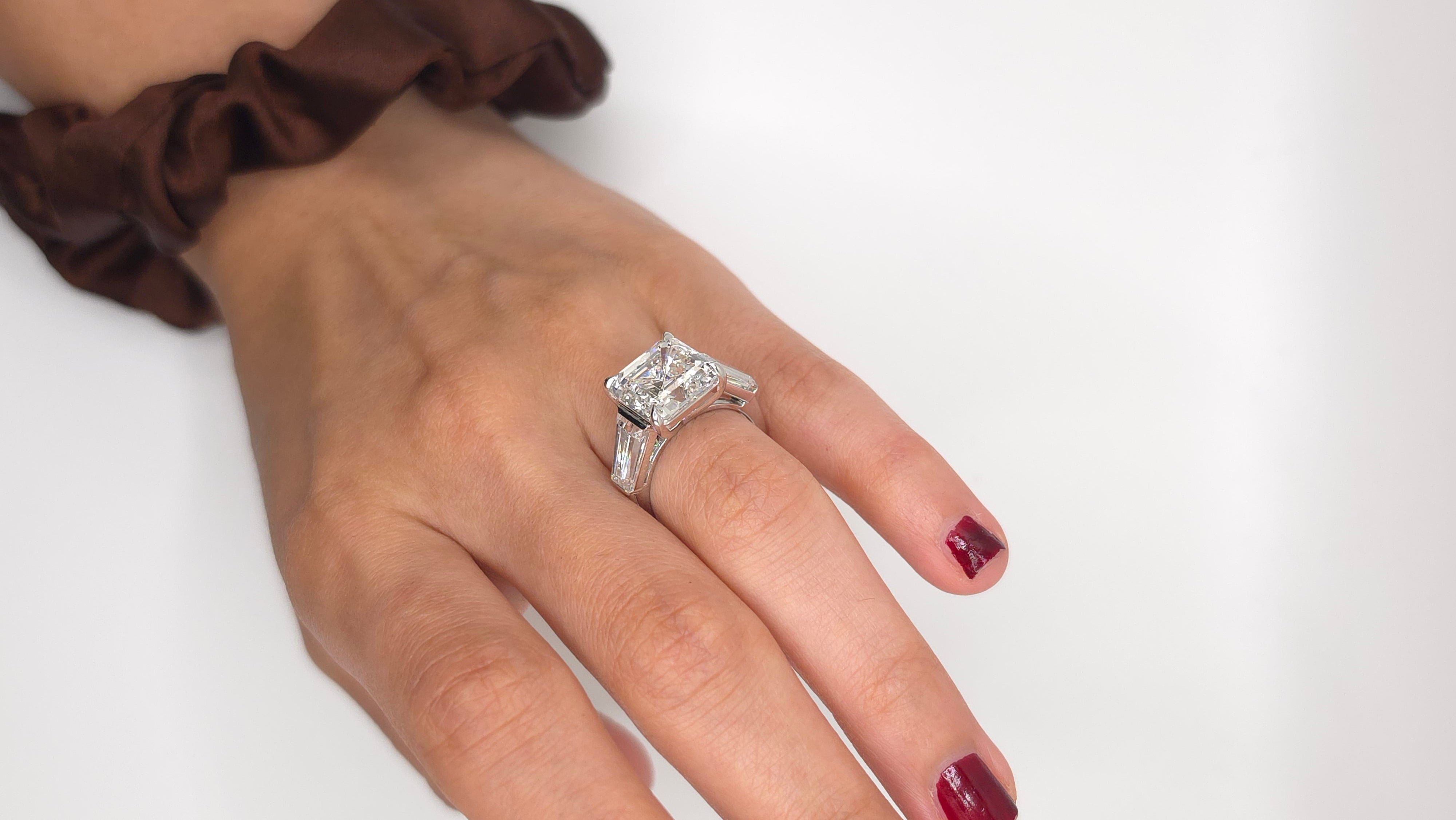 9.34 Ct Elegant Asscher Solitaire Ring with Tapered Baguette Side Diamonds