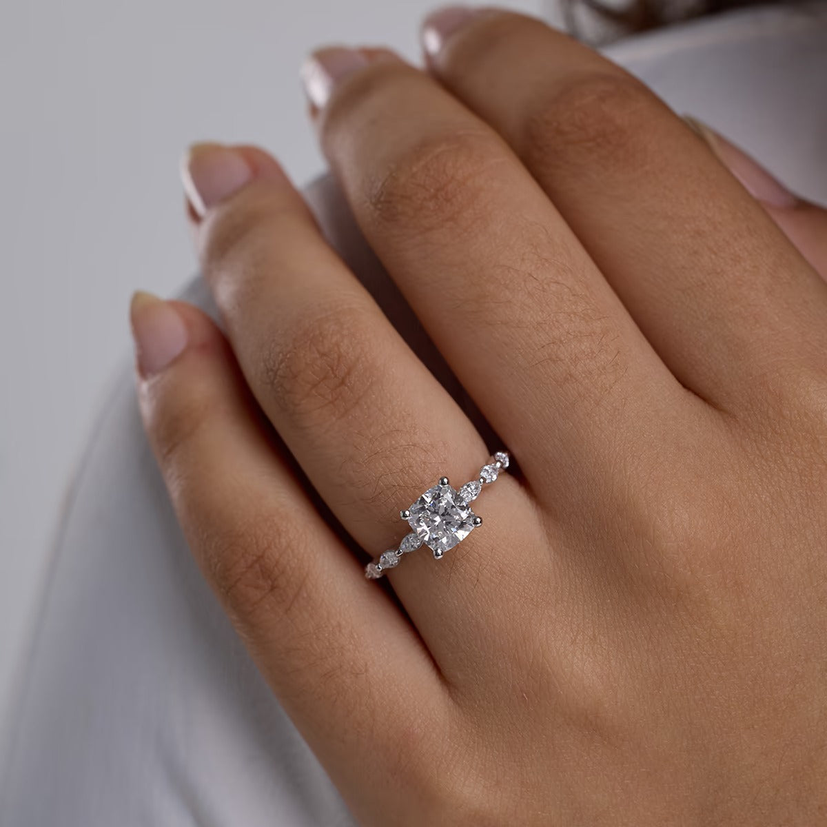 6.50 Cushion Lab Grown Diamond Engagement Ring with Floating Marquise Side Accents