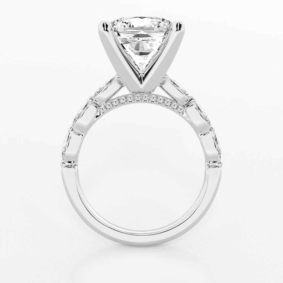 6.50 Cushion Lab Grown Diamond Engagement Ring with Floating Marquise Side Accents