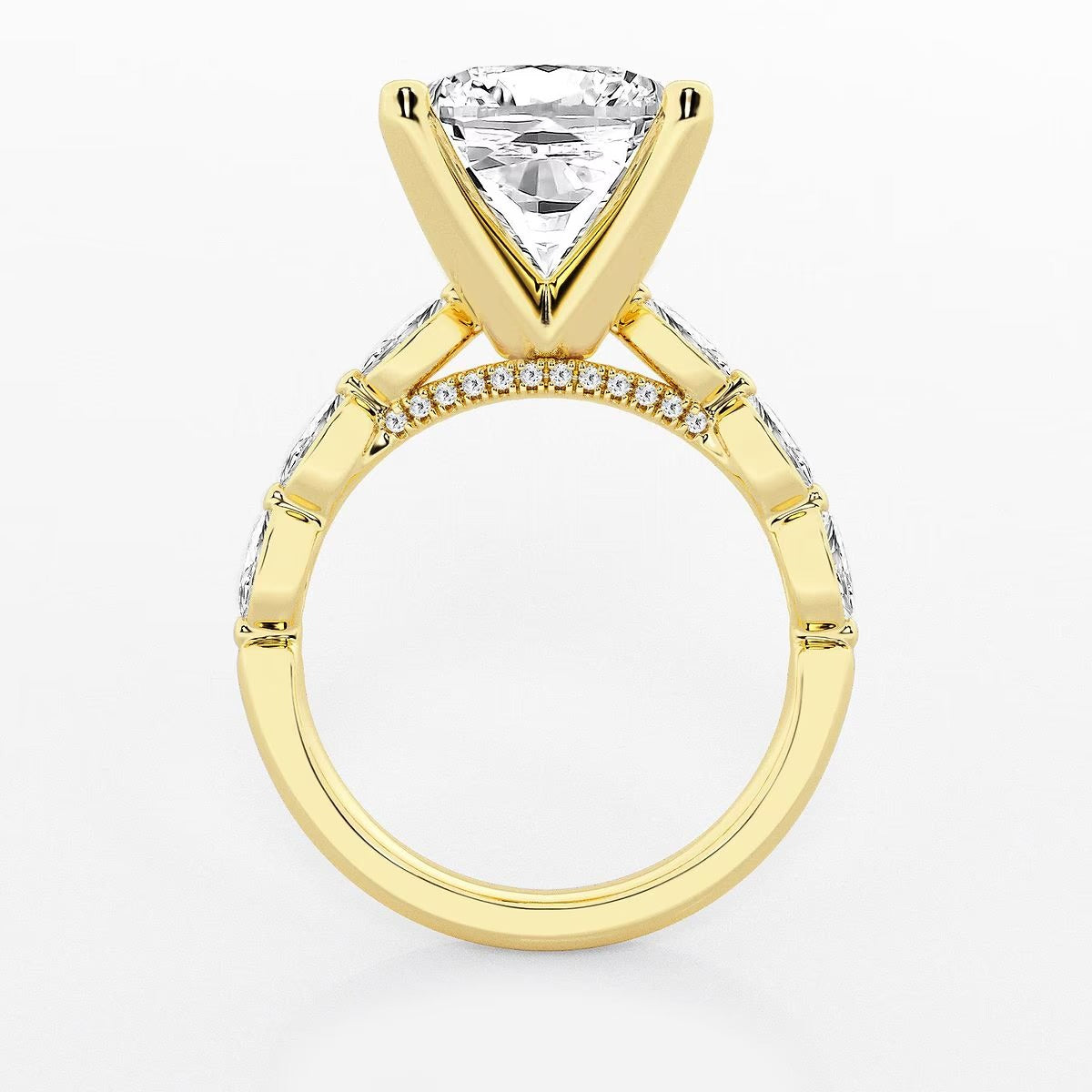 6.50 Cushion Lab Grown Diamond Engagement Ring with Floating Marquise Side Accents